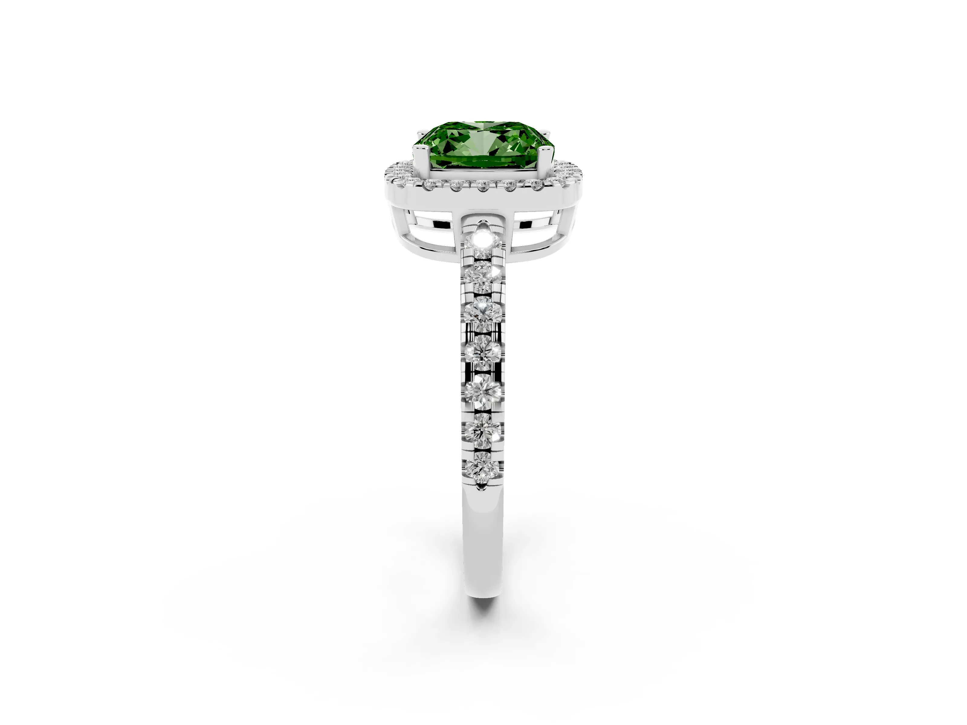 Fancy Green Cushion Cut Diamond Halo Ring Set in Platinum with Delicate Pavé Band and Prong Setting