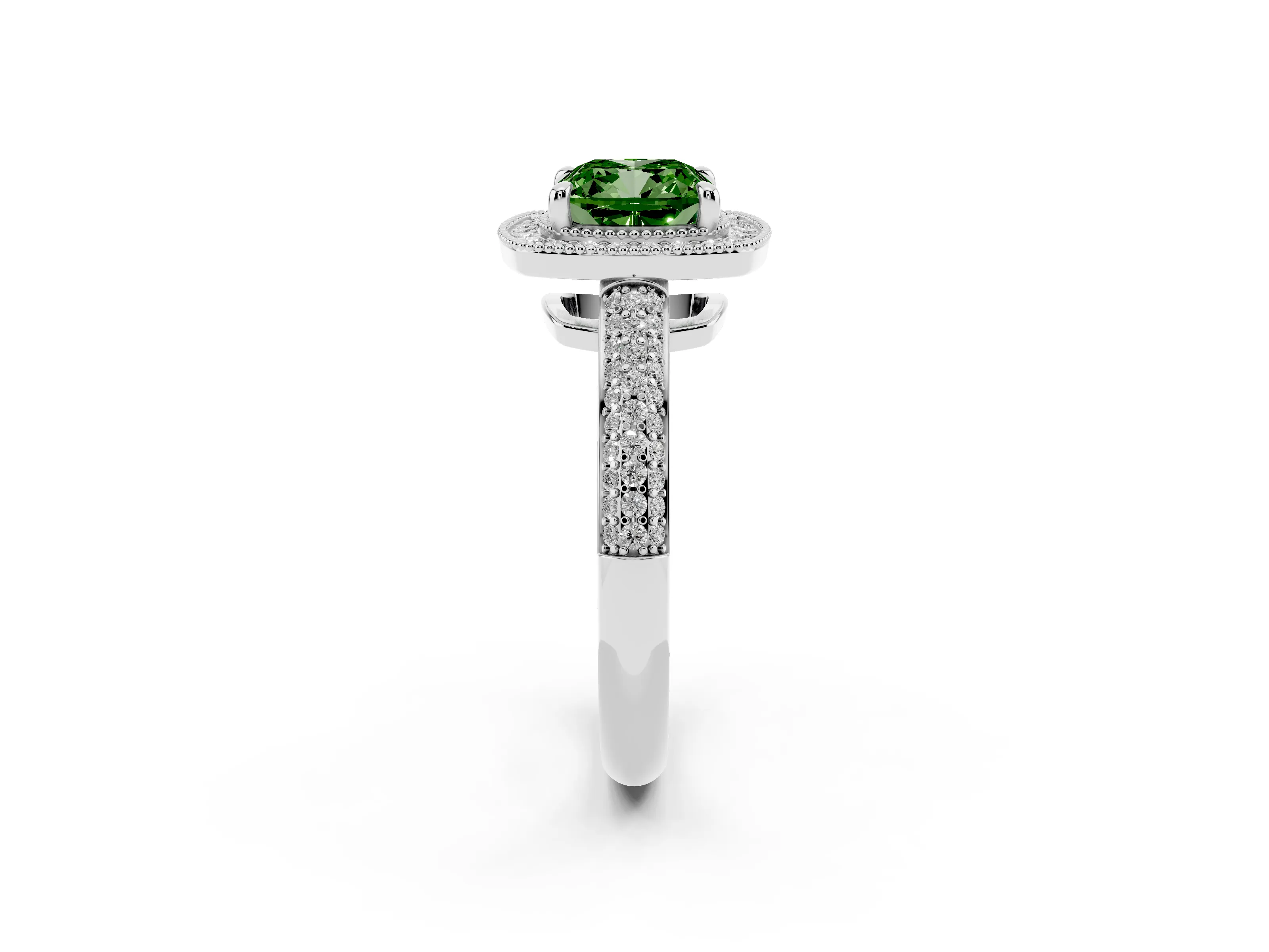 Fancy Green Cushion Cut Diamond Halo Pavé Band Set in Platinum with Prong Setting