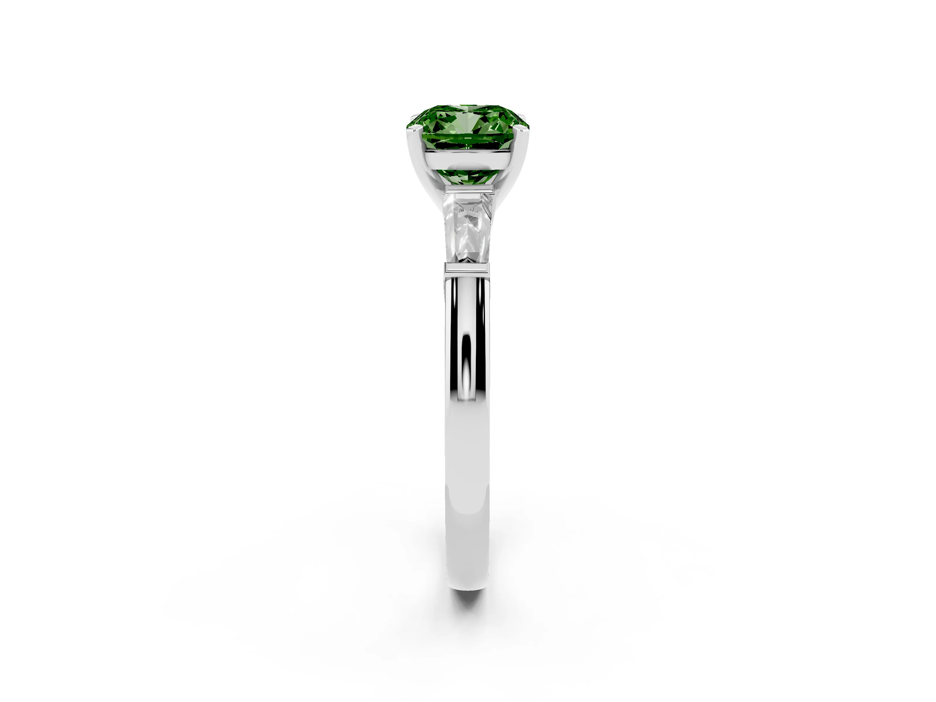 Fancy Green Cushion Cut Diamond Solitaire Ring Set in Platinum with Tapered Baguette Side Stones and Prong Setting