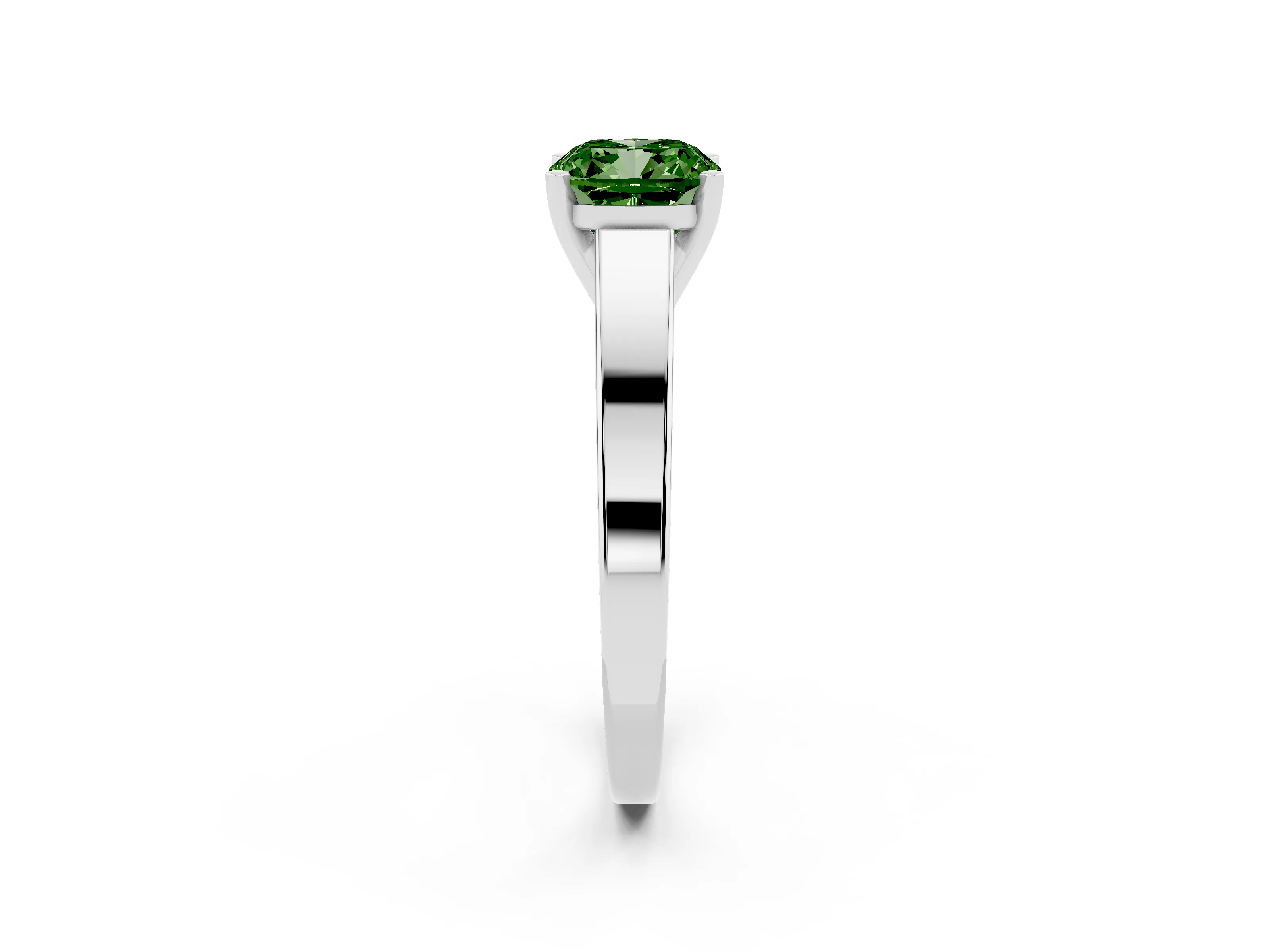 Fancy Green Cushion Cut Diamond Solitaire Engagement Ring Set in White gold with Prong Setting and Tapered Band