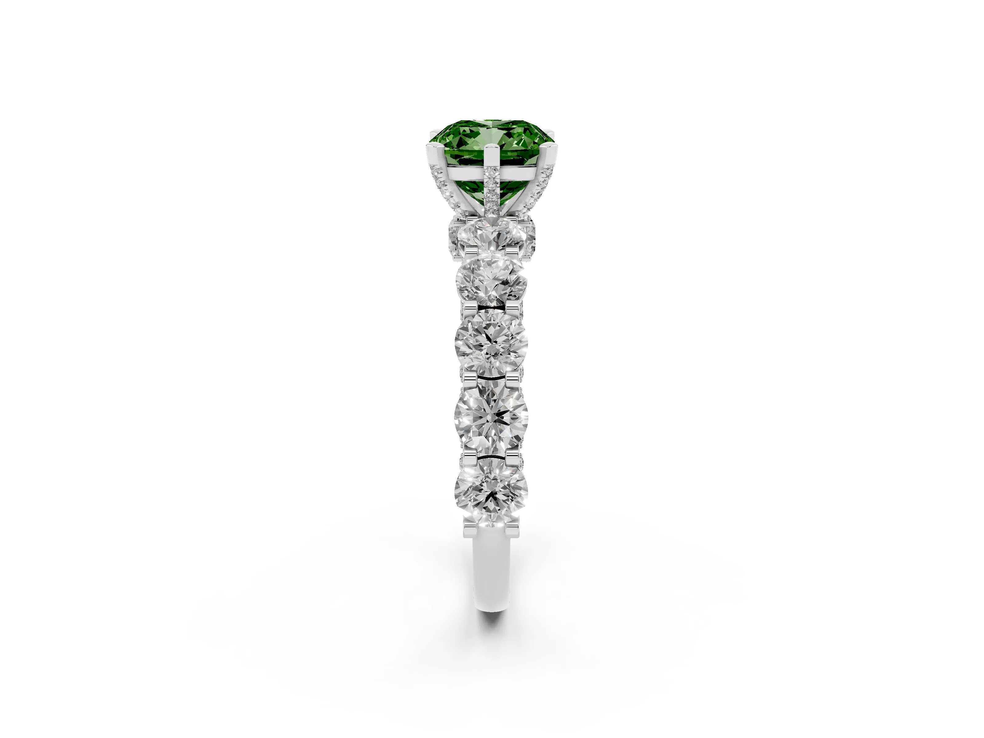 Fancy Green Cushion Cut Diamond Side Stone Ring Set in Silver with Alternating Round and Oval Side Stones