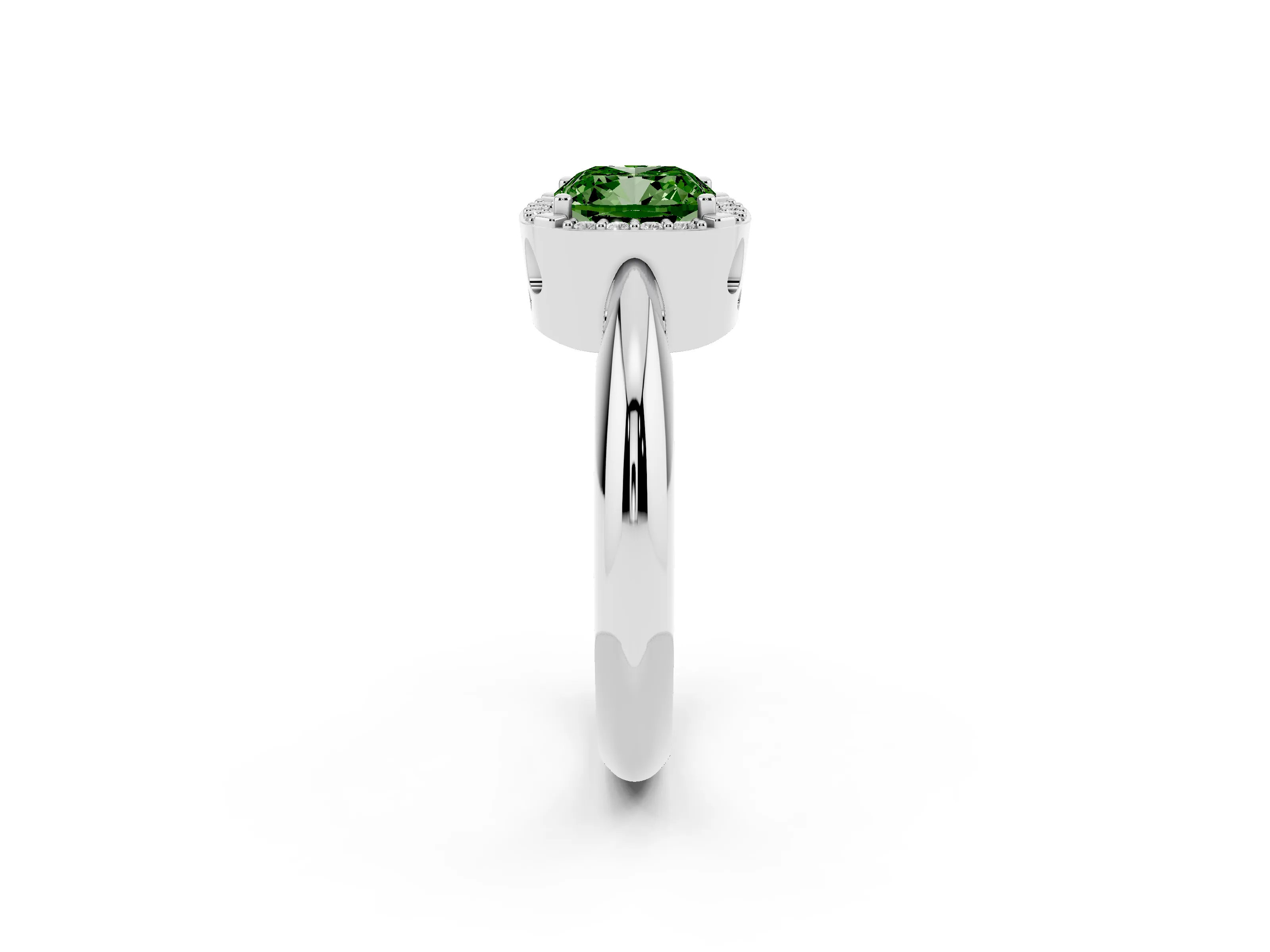 Fancy Green Cushion Cut Diamond Halo Engagement Ring Set in Silver with Plain Split Shank and Prong Setting