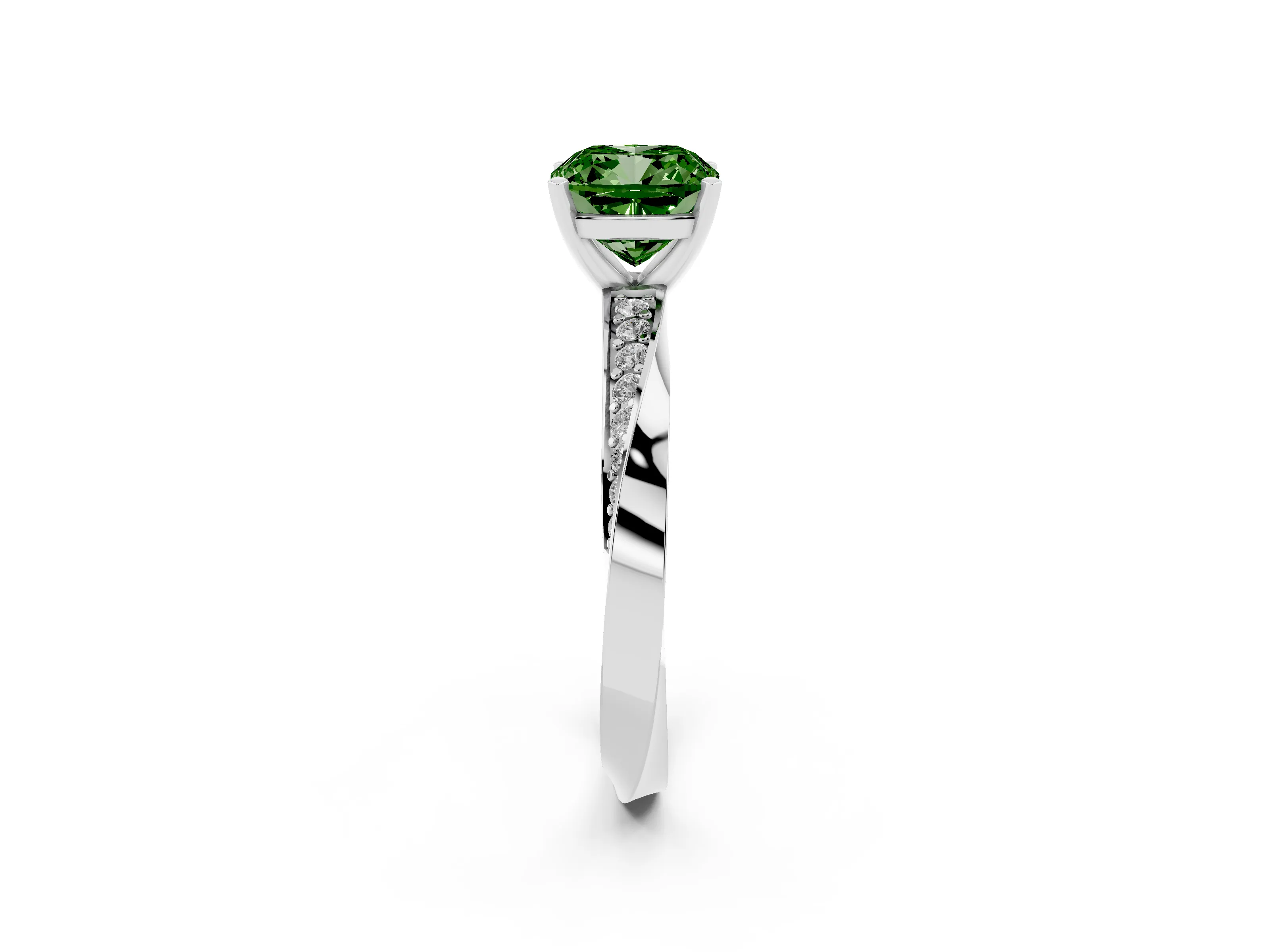 Fancy Green Cushion Cut Diamond Engagement Ring Set in Platinum with Side Stone Accents and Prong Setting