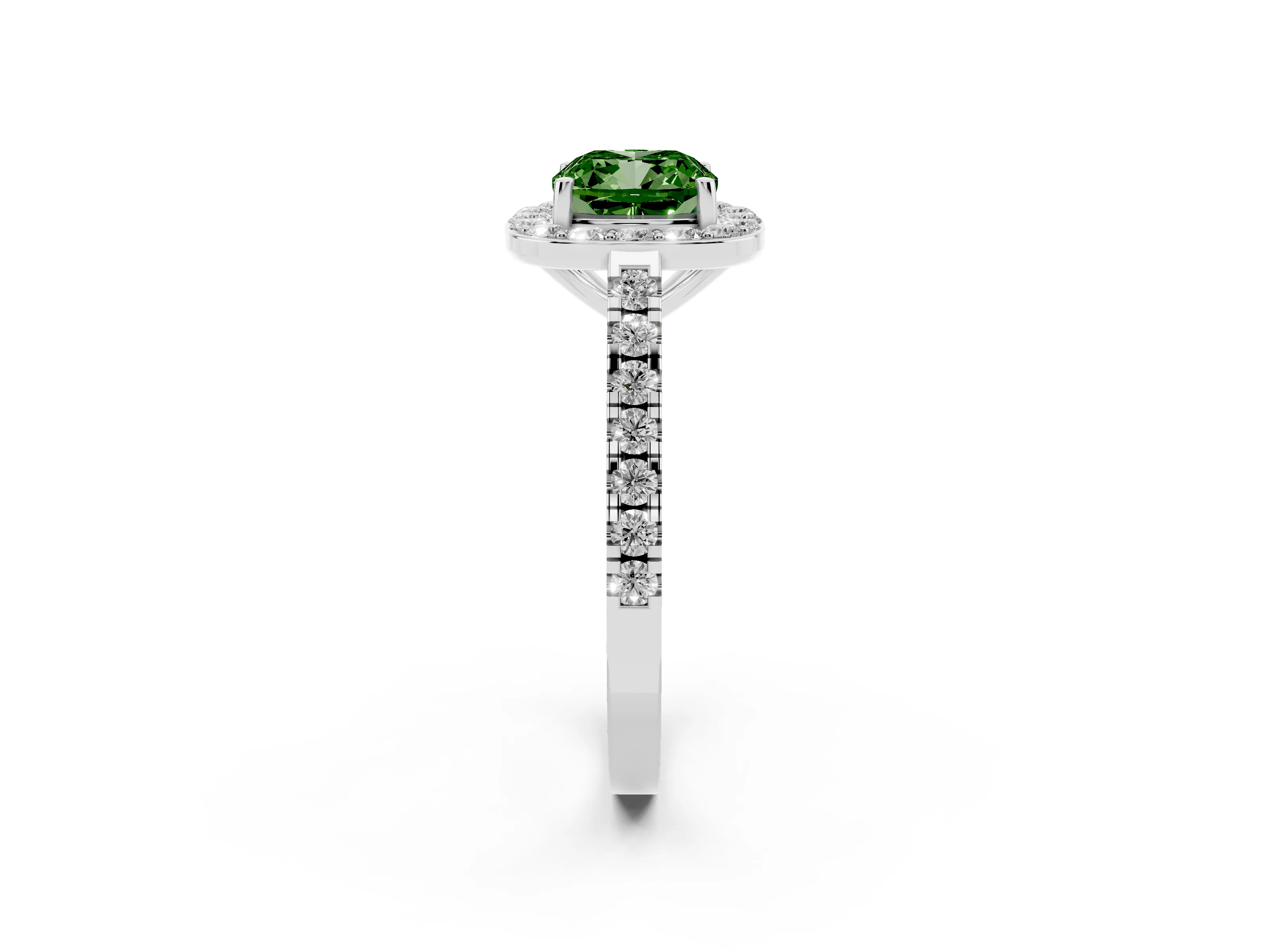 Fancy Green Cushion Cut Diamond Halo Ring Set in Platinum with Round Pavé Split Shank and Prong Setting