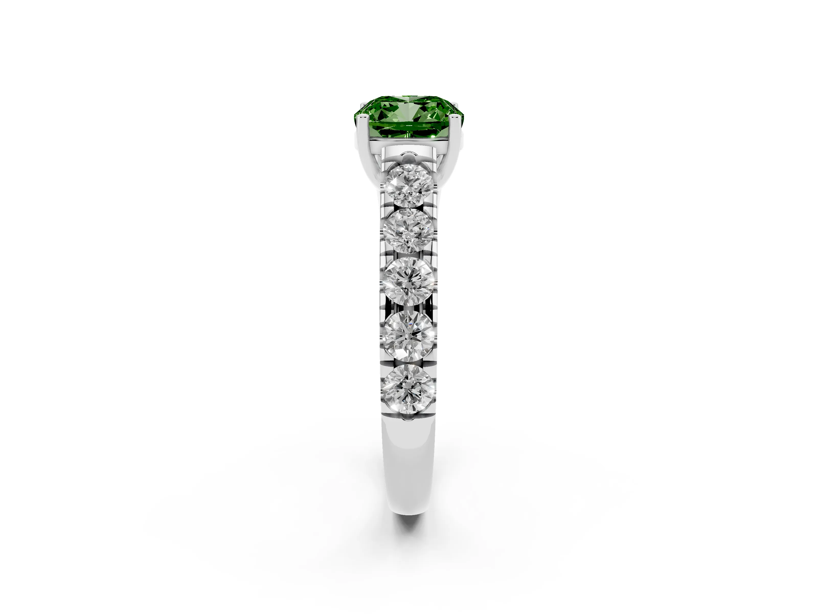 Fancy Green Cushion Cut Diamond Solitaire Ring Set in Platinum with Cut-Down Micro Pavé Band and Prong Setting