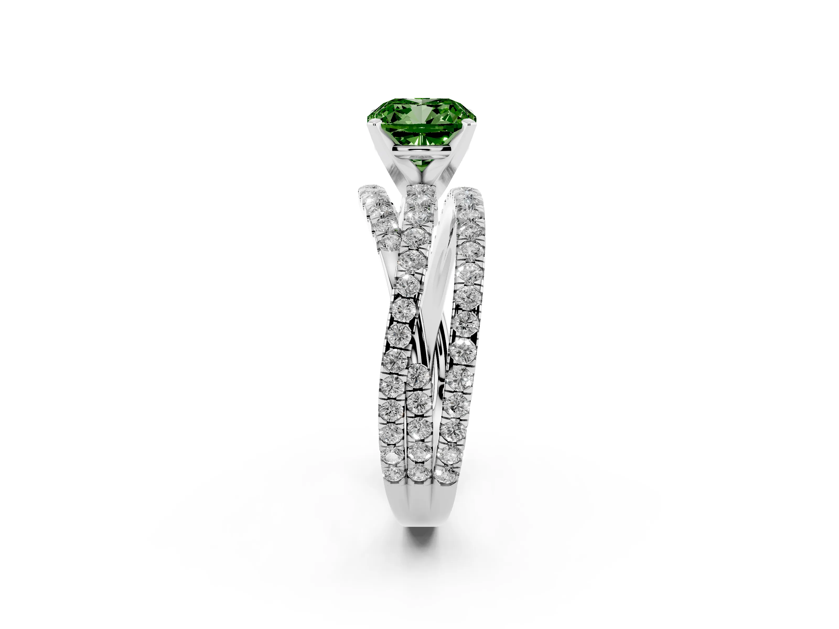 Fancy Green Cushion Cut Diamond Solitaire Twist Band Ring Set in White gold with Pavé Setting and Prong Head