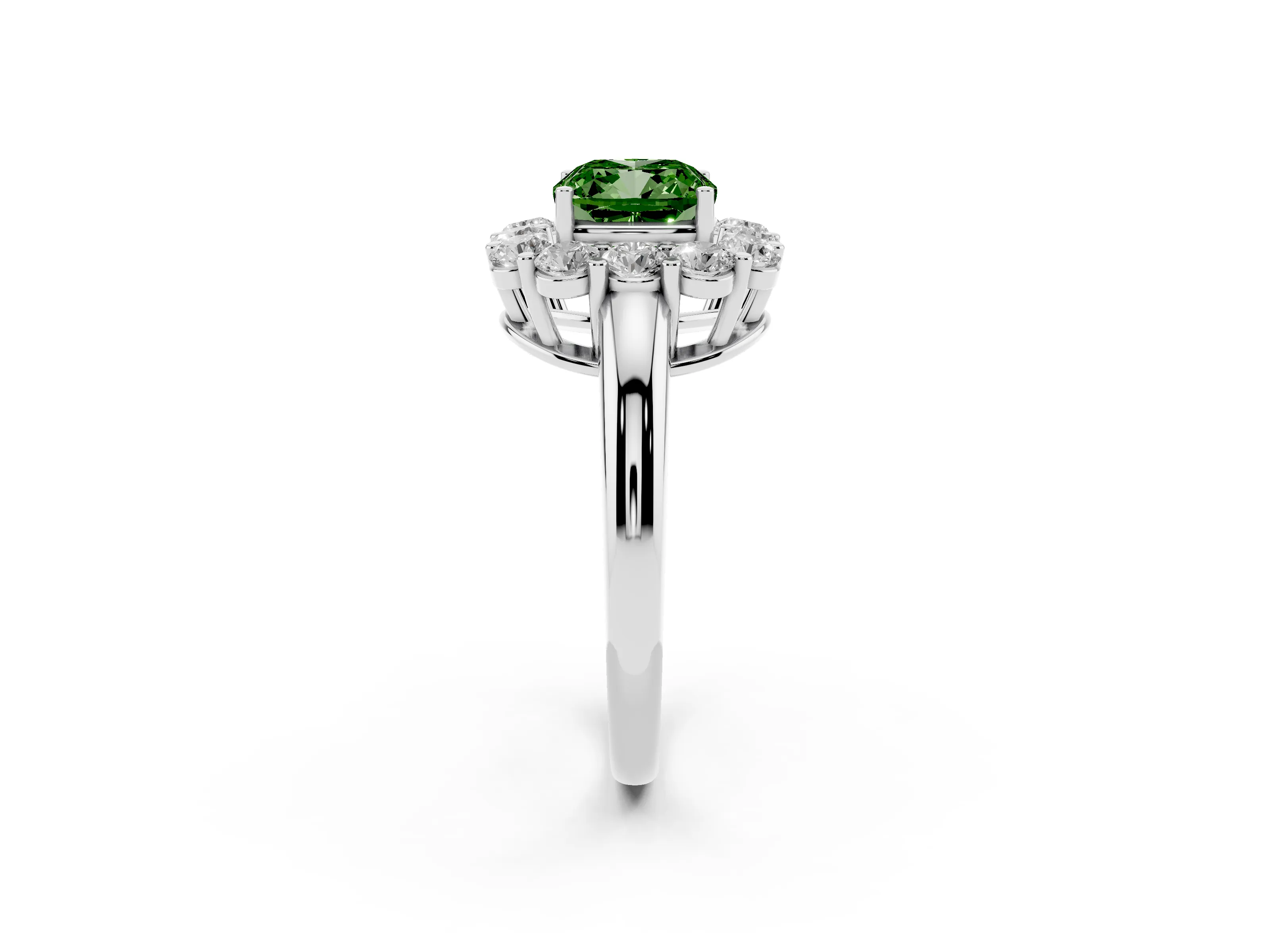 Fancy Green Cushion Cut Diamond Halo Cluster Engagement Ring Set in Platinum with Polished Band and Prong Setting