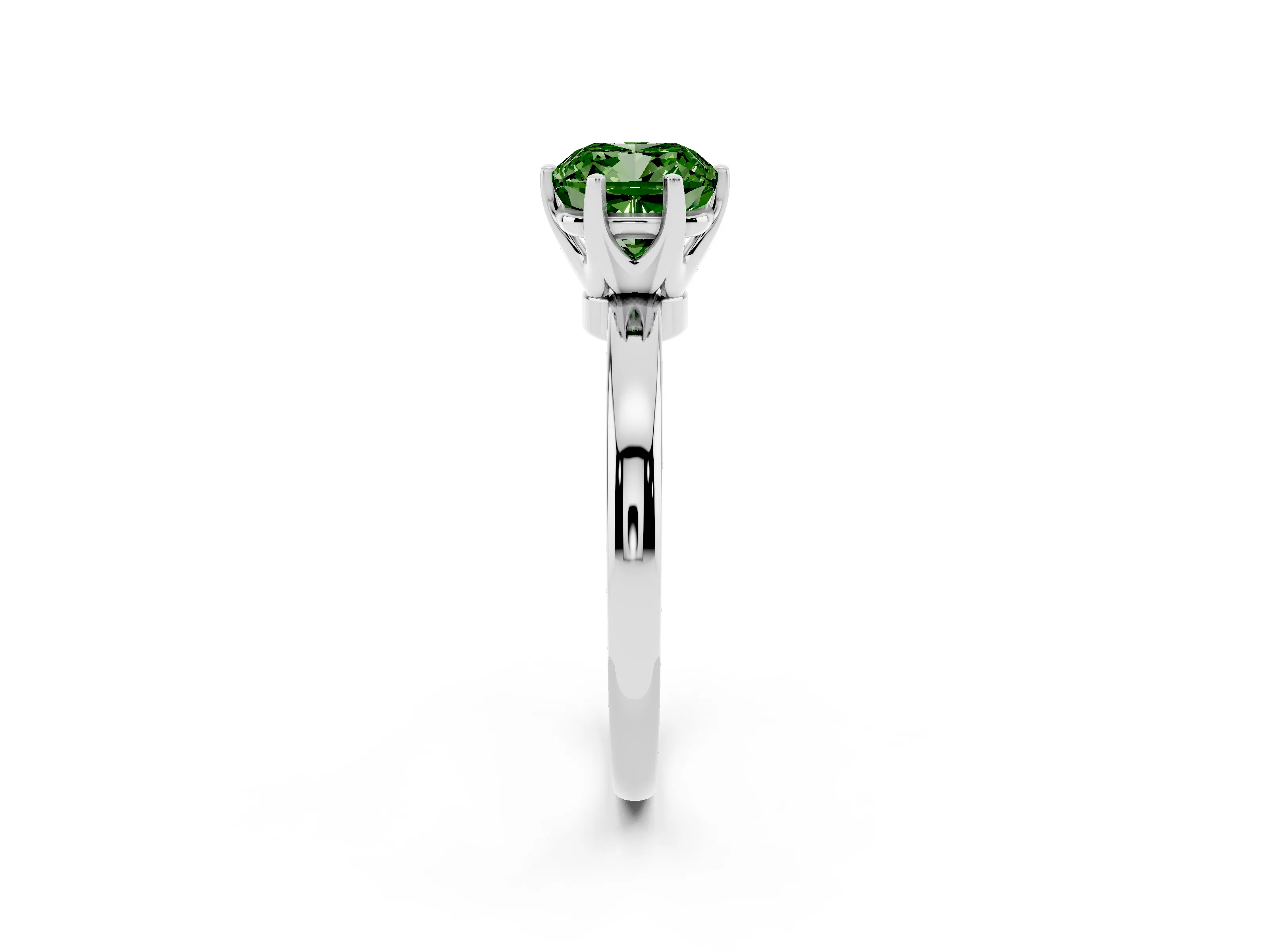 Fancy Green Cushion Cut Diamond Solitaire Ring Set in Silver with Raised Prong Setting on a Classic Band