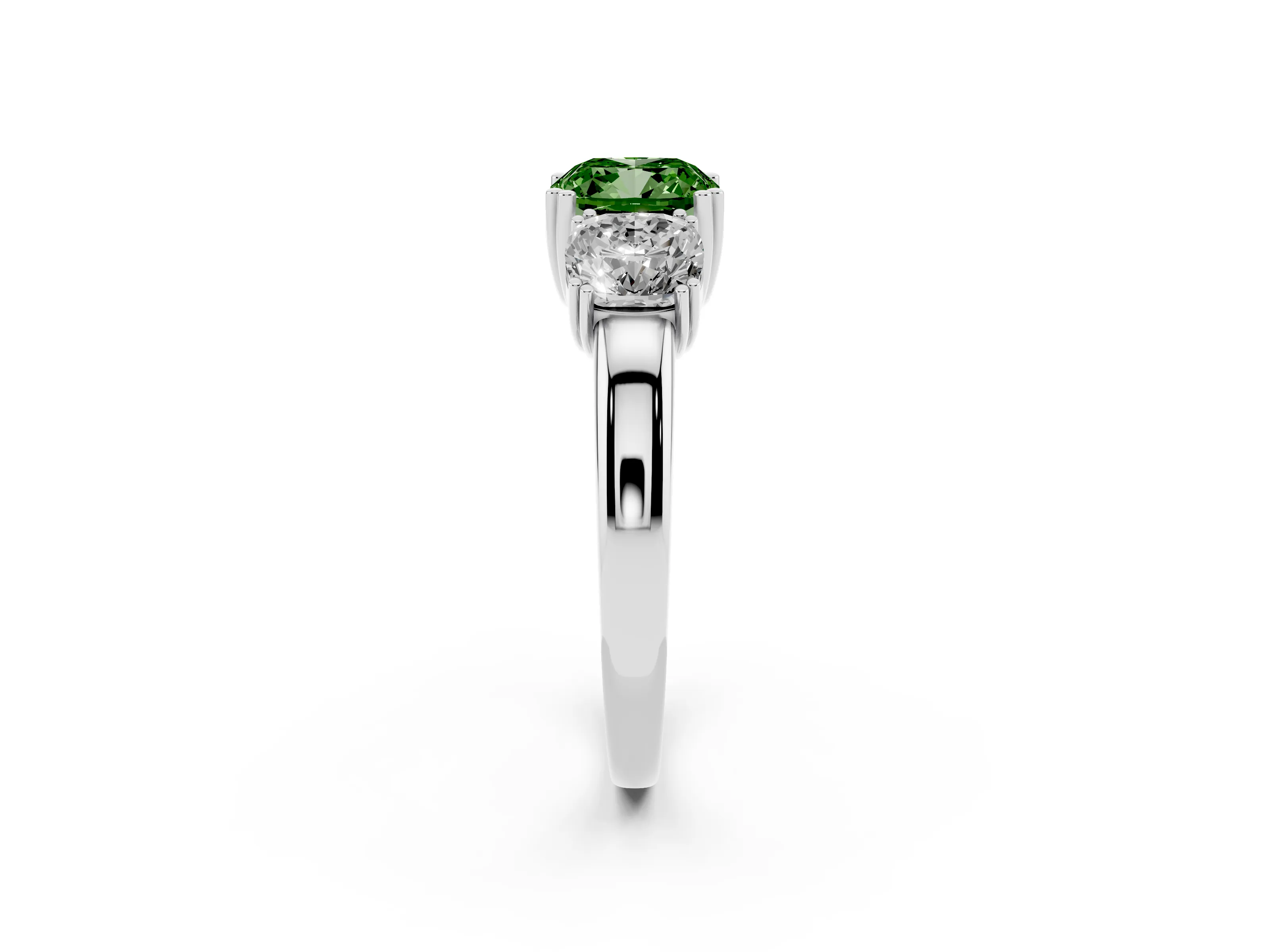 Fancy Green Cushion Cut Diamond Three-Stone Ring Set in Silver with Polished Band and Prong Setting
