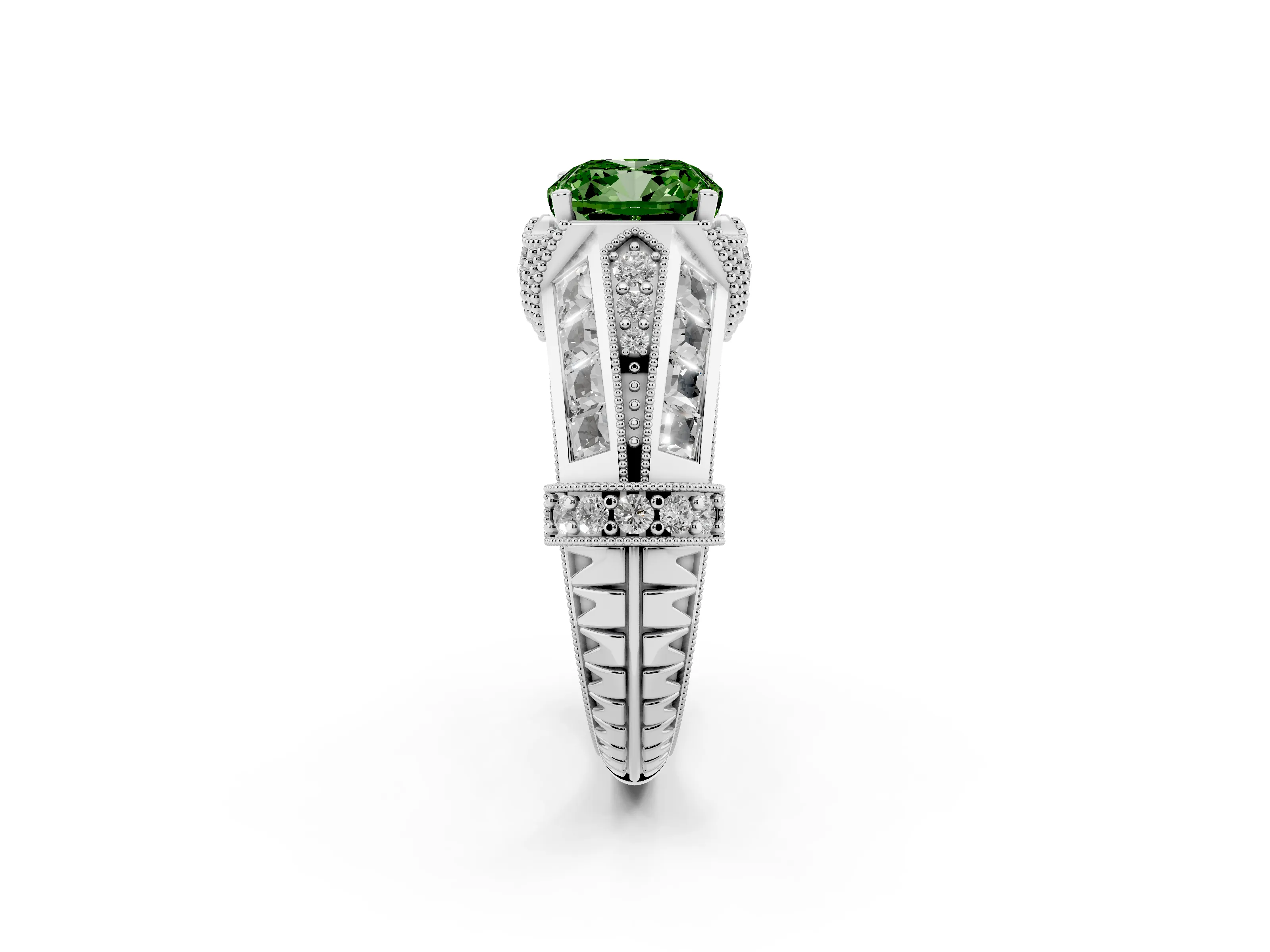 Fancy Green Cushion Cut Diamond Vintage-Inspired Milgrain Ring Set in Silver with Accent Split Shank
