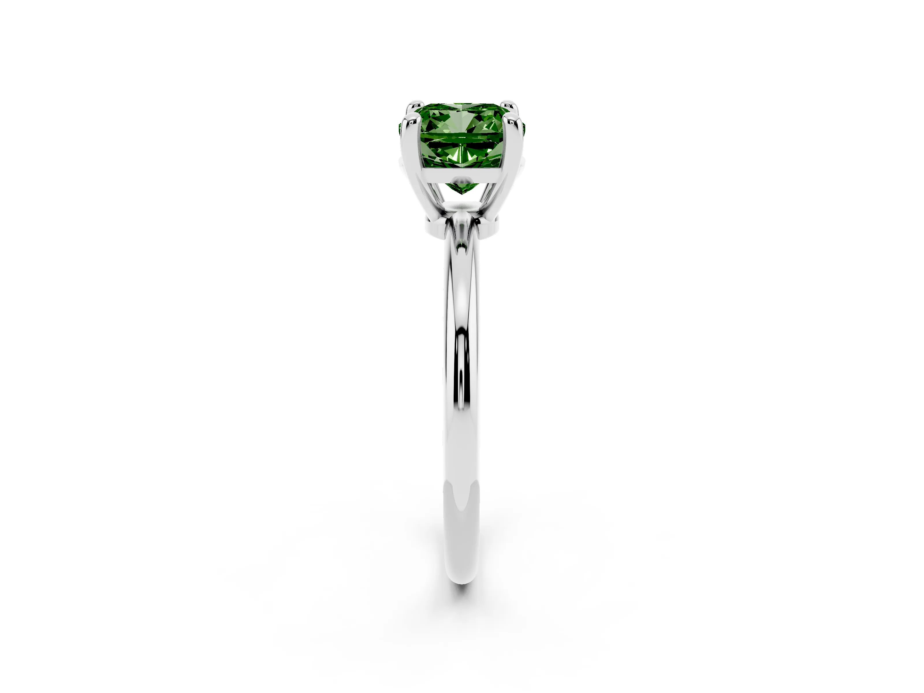 Fancy Green Cushion Cut Diamond Solitaire Ring Set in Platinum with Secure Prong Setting on a Classic Band