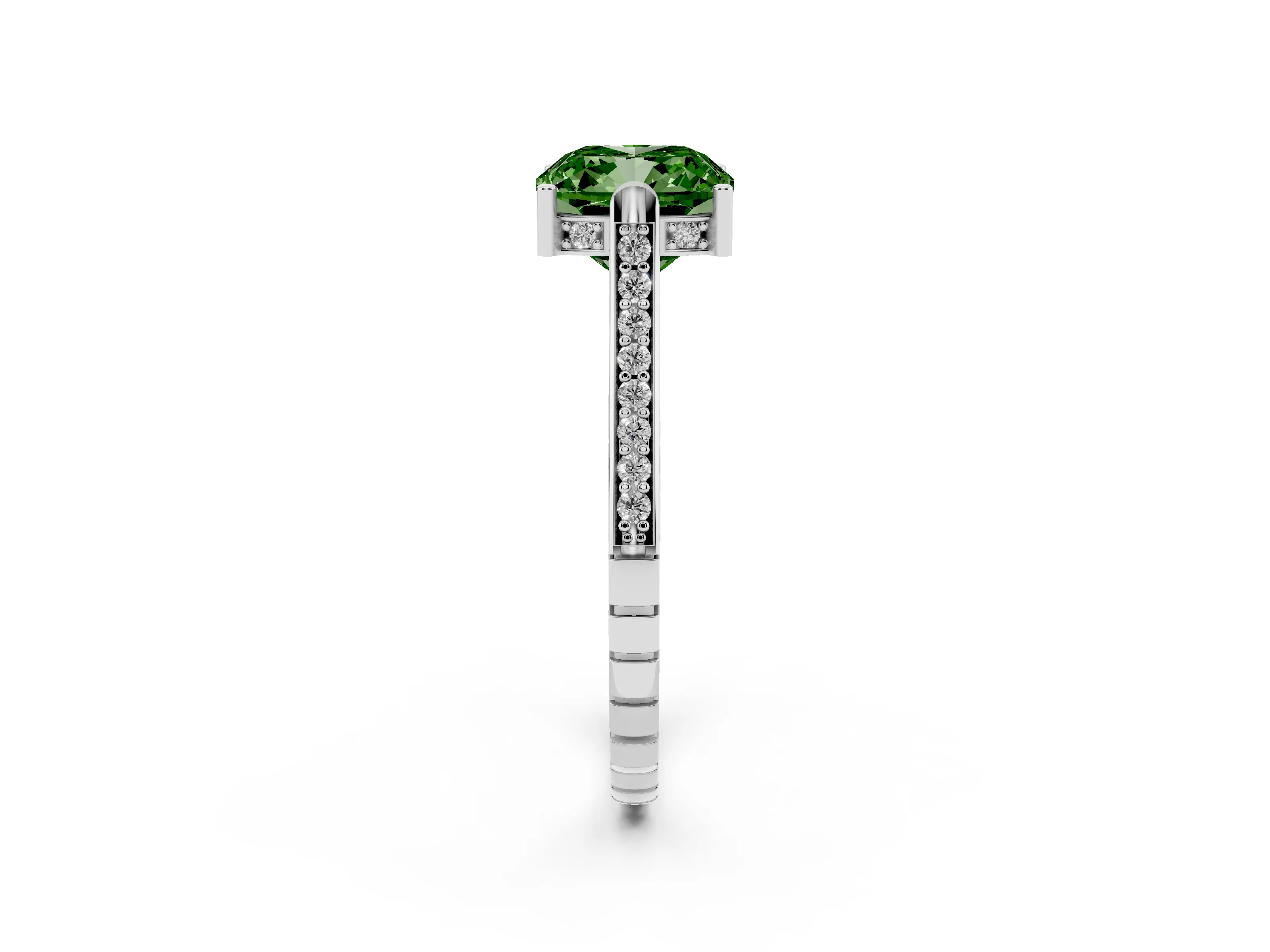 Fancy Green Cushion Cut Diamond Solitaire Ring Set in White gold with Channel Set Band and Bezel Prong Setting