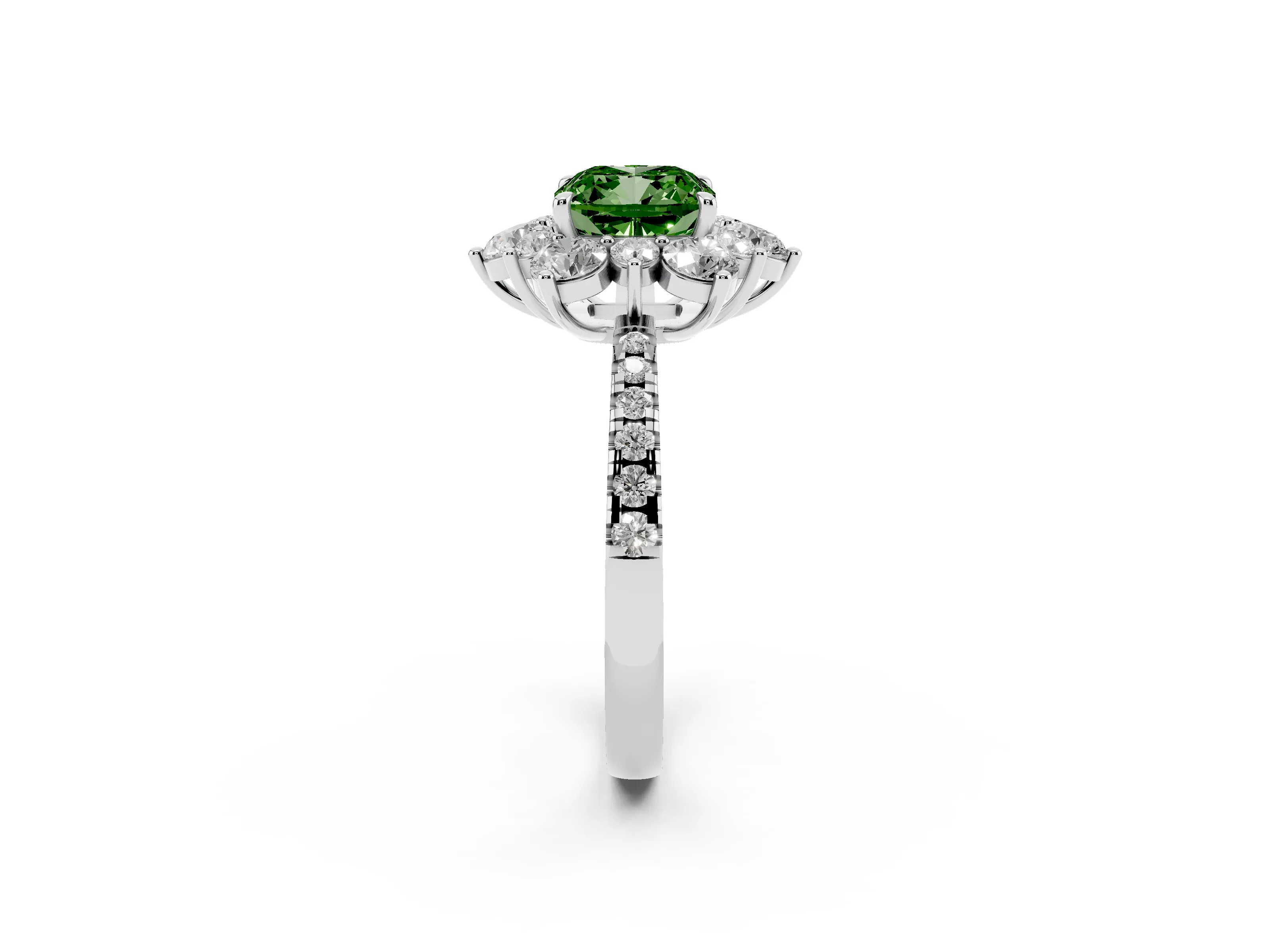 Fancy Green Cushion Cut Diamond Floral Halo Ring Set in Platinum with Round Pavé Band and Prong Setting