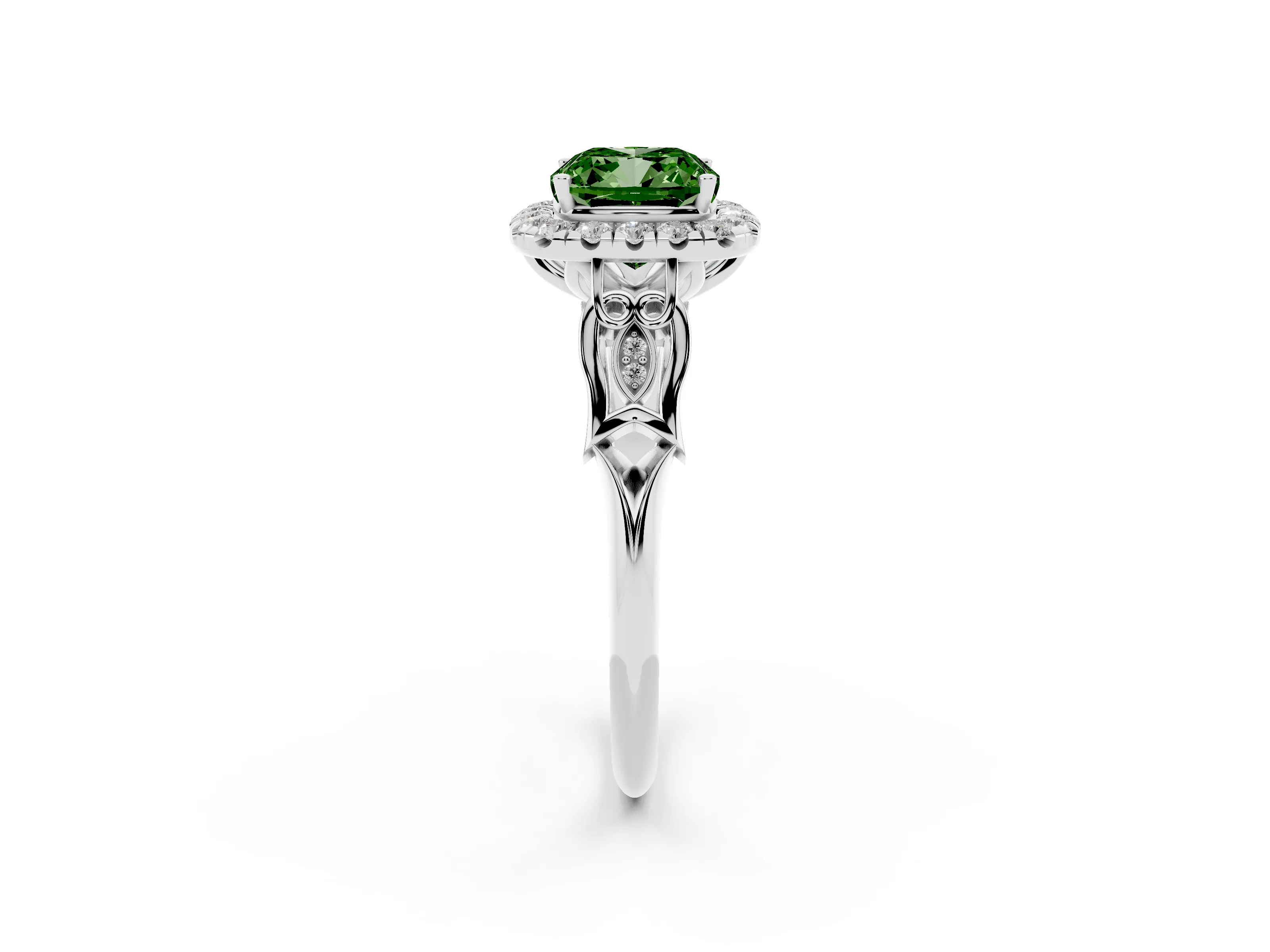 Fancy Green Cushion Cut Diamond Halo Engagement Ring Set in White gold with Filigree Band and Prong-Set Center