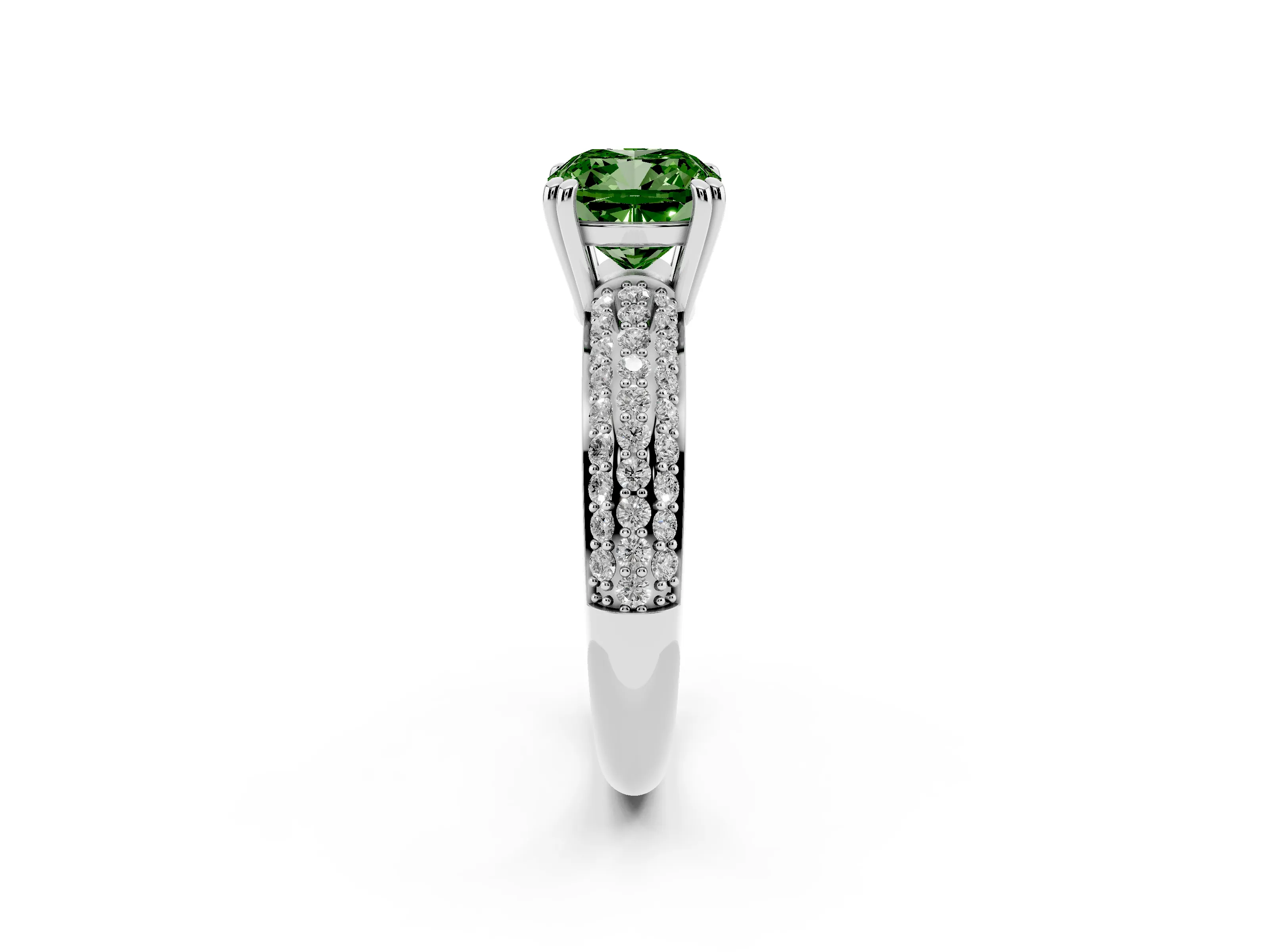 Fancy Green Cushion Cut Diamond Solitaire Ring Set in White gold with Multi-Row Round Pavé Band and Prong Setting