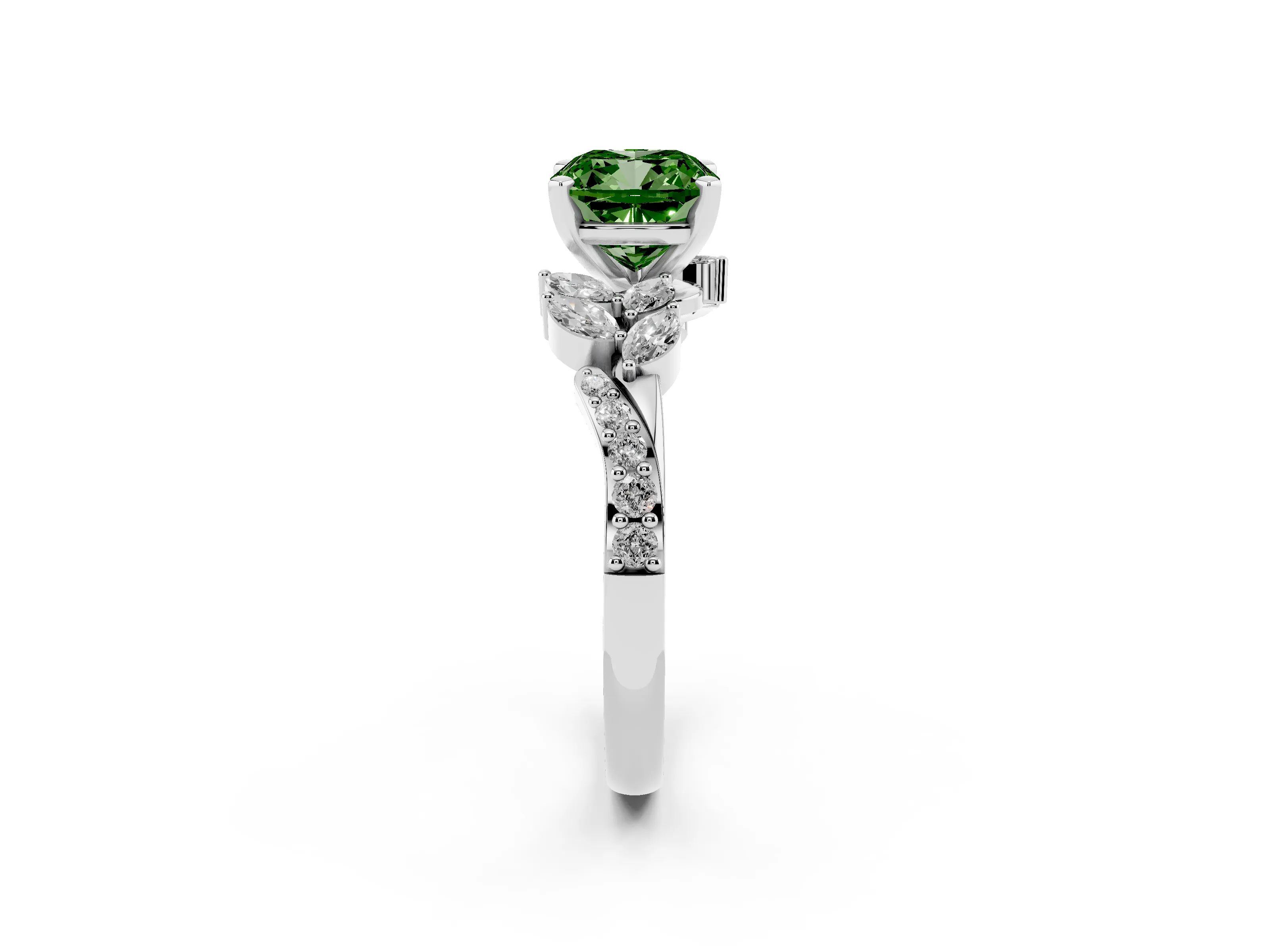Fancy Green Cushion Cut Diamond Solitaire Ring Set in White gold with Marquise Twist Band and Prong Setting