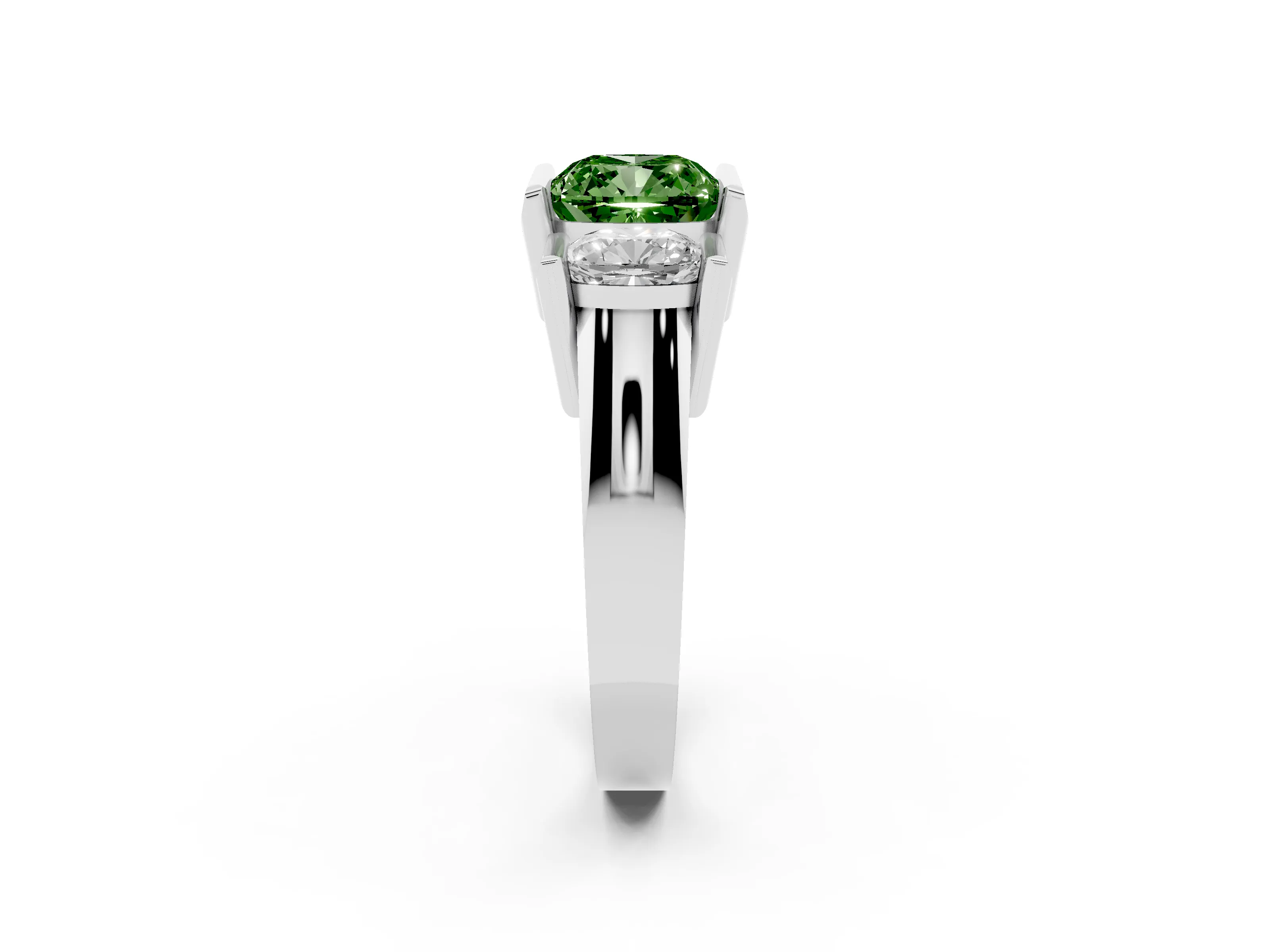 Fancy Green Cushion Cut Diamond Three-Stone Channel Set Ring Set in Platinum with Smooth Polished Band