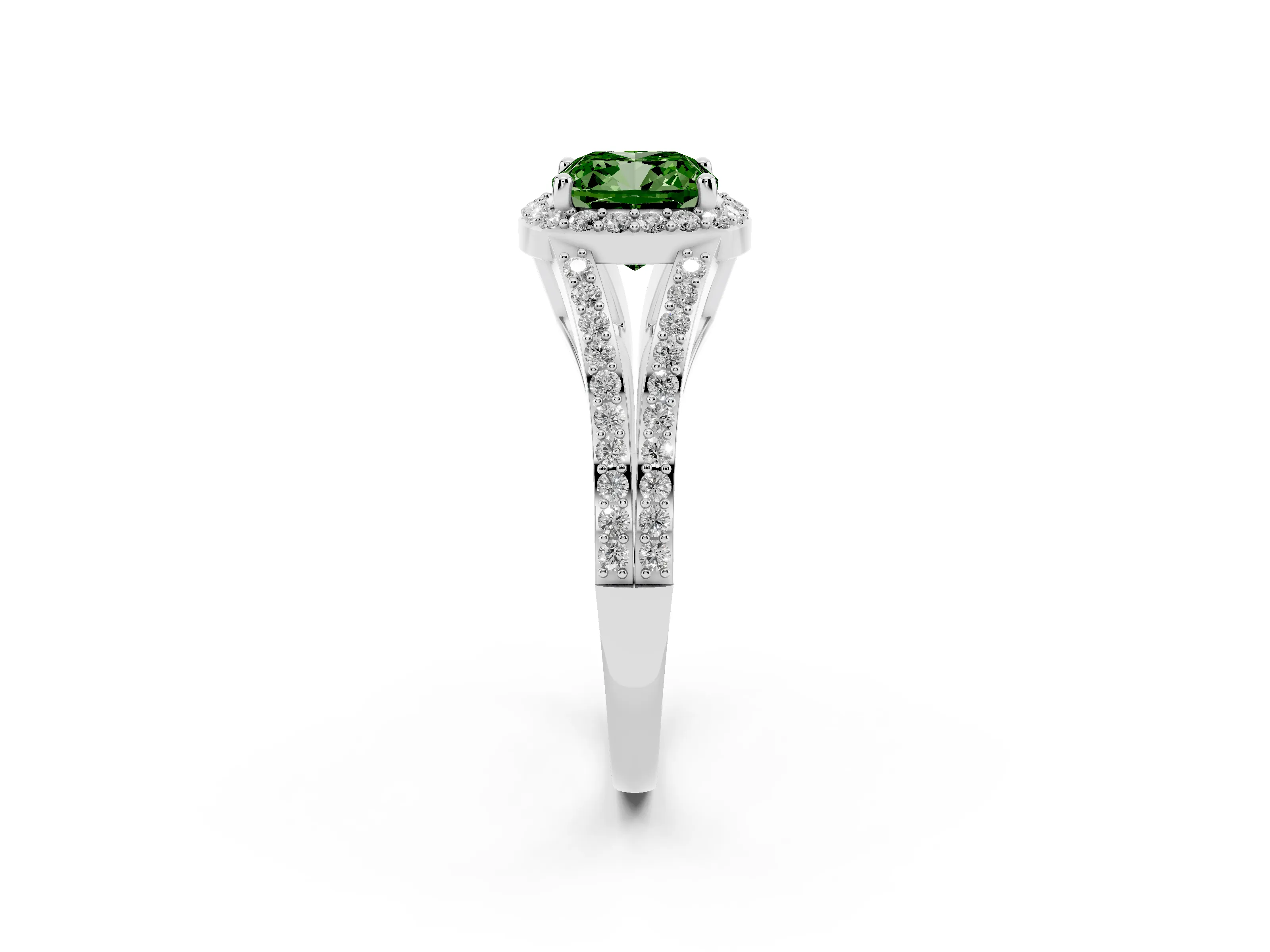 Fancy Green Cushion Cut Diamond Halo Split Shank Ring Set in White gold with Accent Stones and Prong Setting
