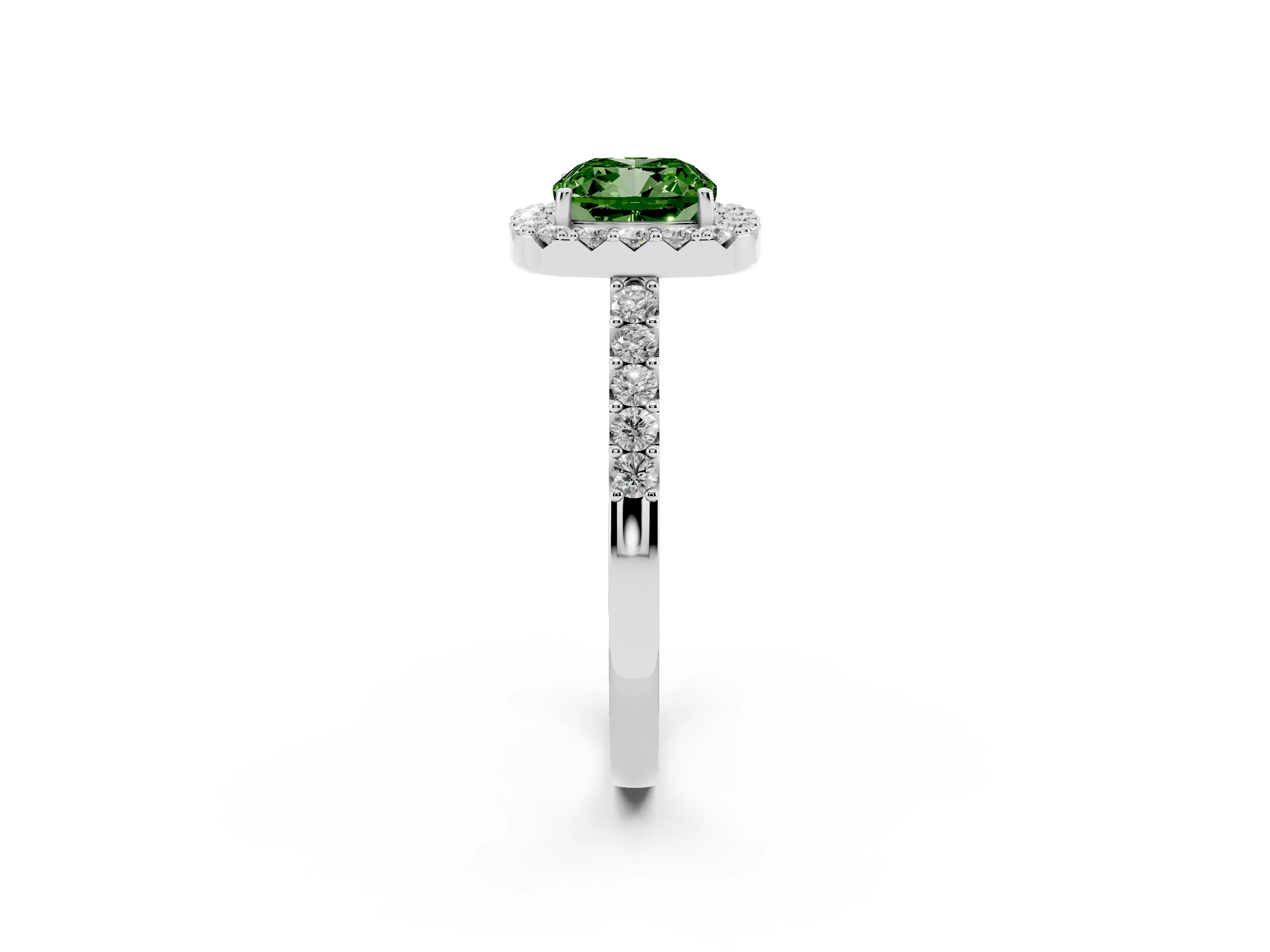 Fancy Green Cushion Cut Diamond Halo Pavé Solitaire Ring Set in Silver with Prong-Set Center Stone