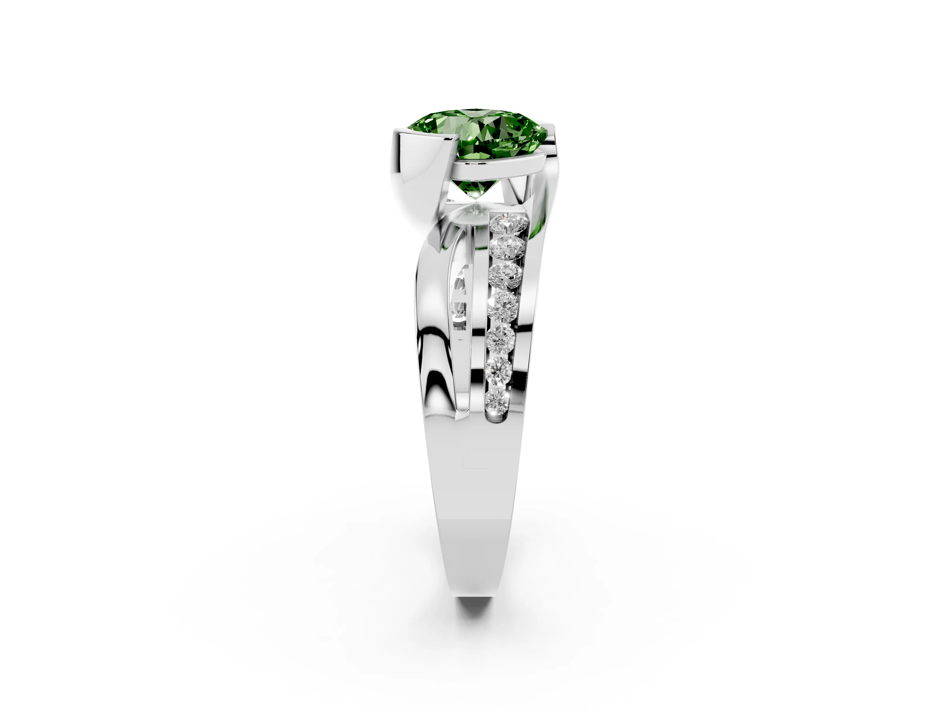 Fancy Green Cushion Cut Diamond Solitaire Ring Set in White gold with Channel Set Split Shank and Tension Prongs