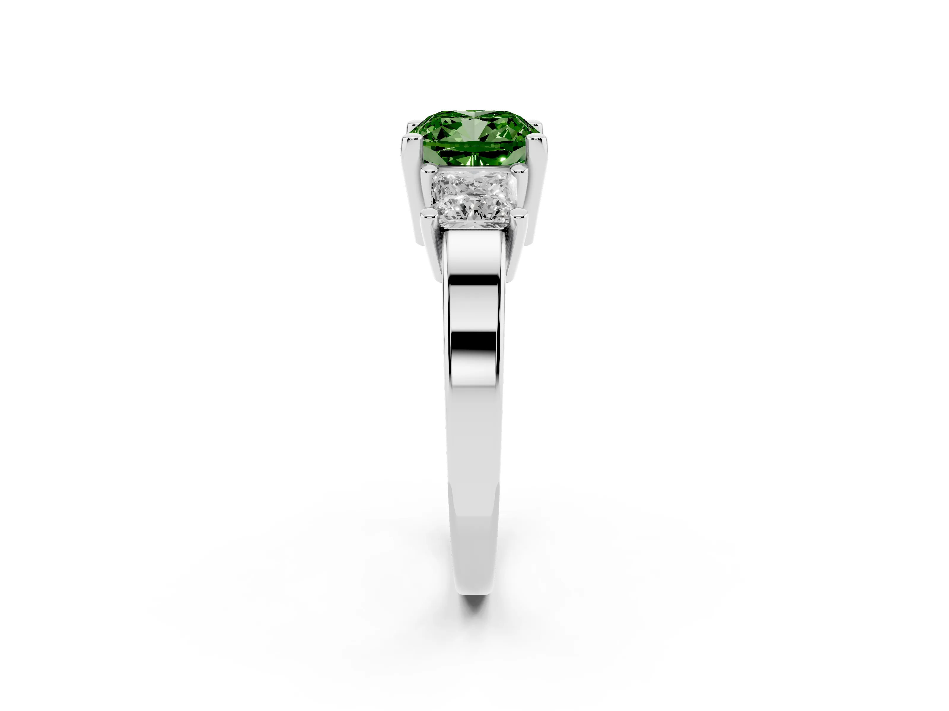 Fancy Green Three-Stone Cushion Cut Diamond Solitaire Ring Set in Silver with Prong Setting