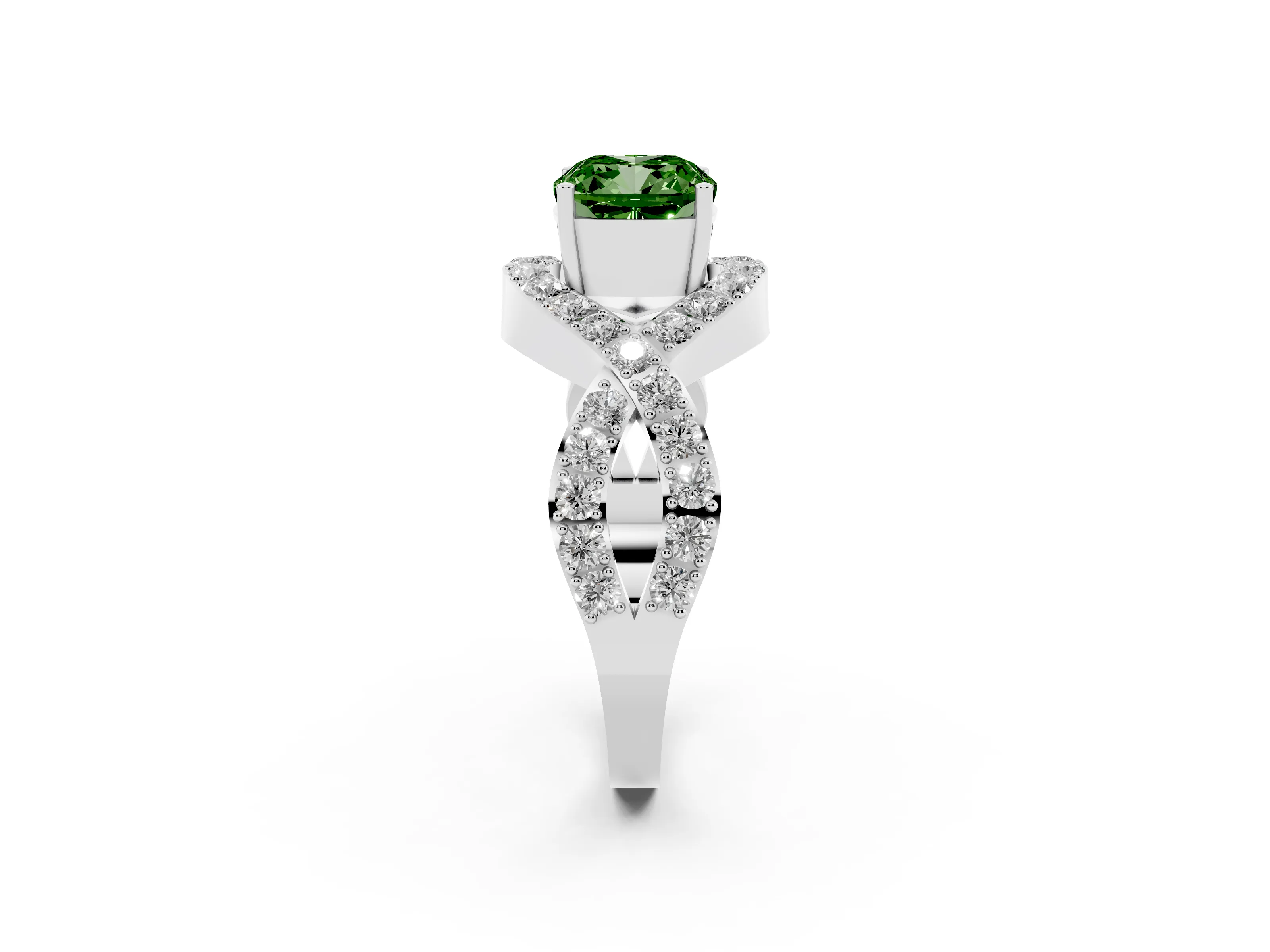 Fancy Green Cushion Cut Diamond Solitaire Twist Band Pavé Engagement Ring Set in Platinum