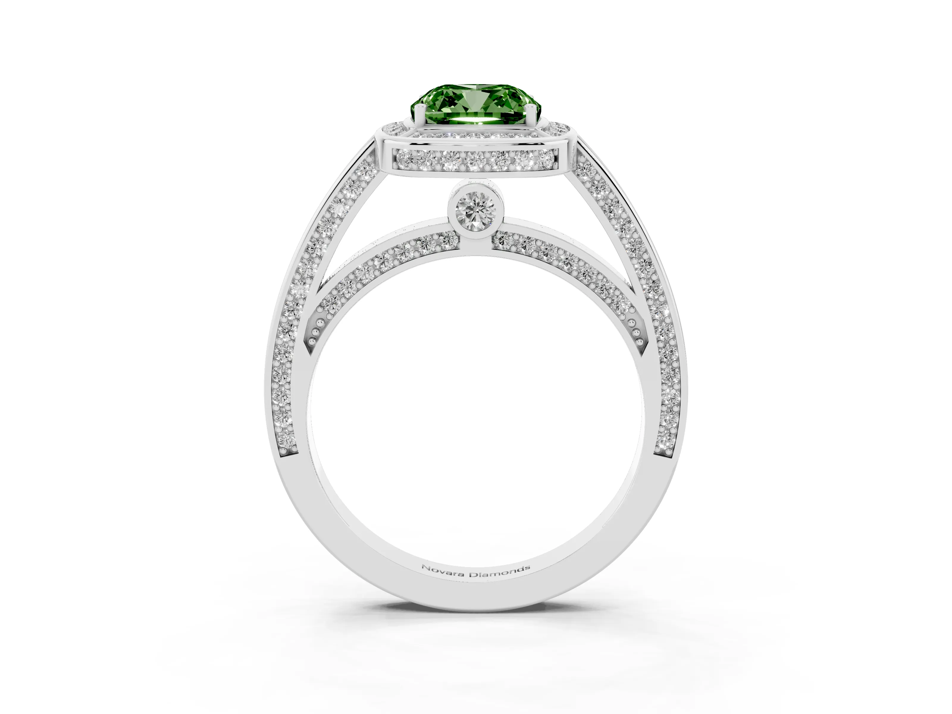 Fancy Green Cushion Cut Diamond Halo Pavé Split Shank Ring Set in White gold with Prong Setting