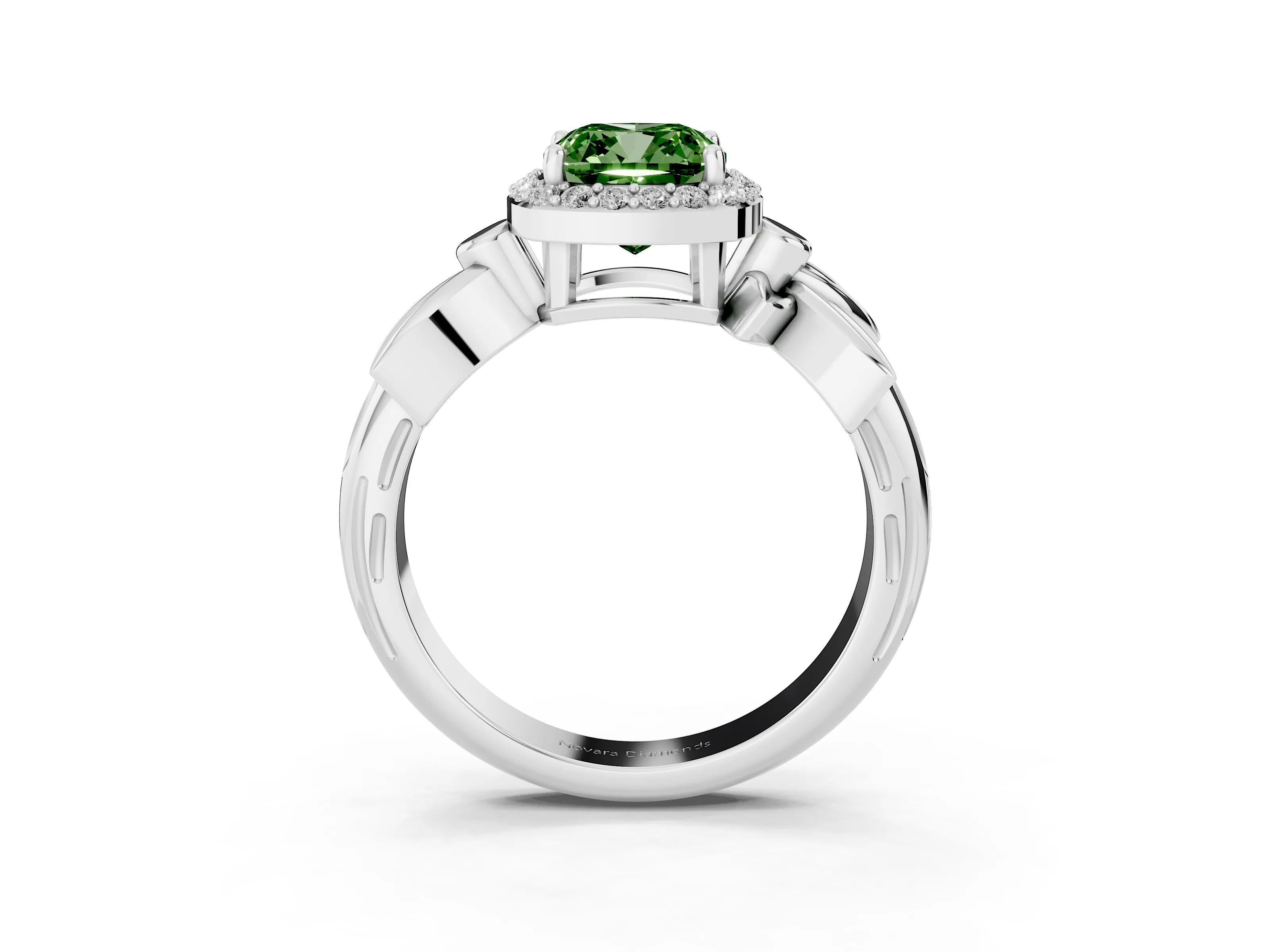 Fancy Green Cushion Cut Diamond Halo Floral Band Ring Set in Platinum with Prong Setting