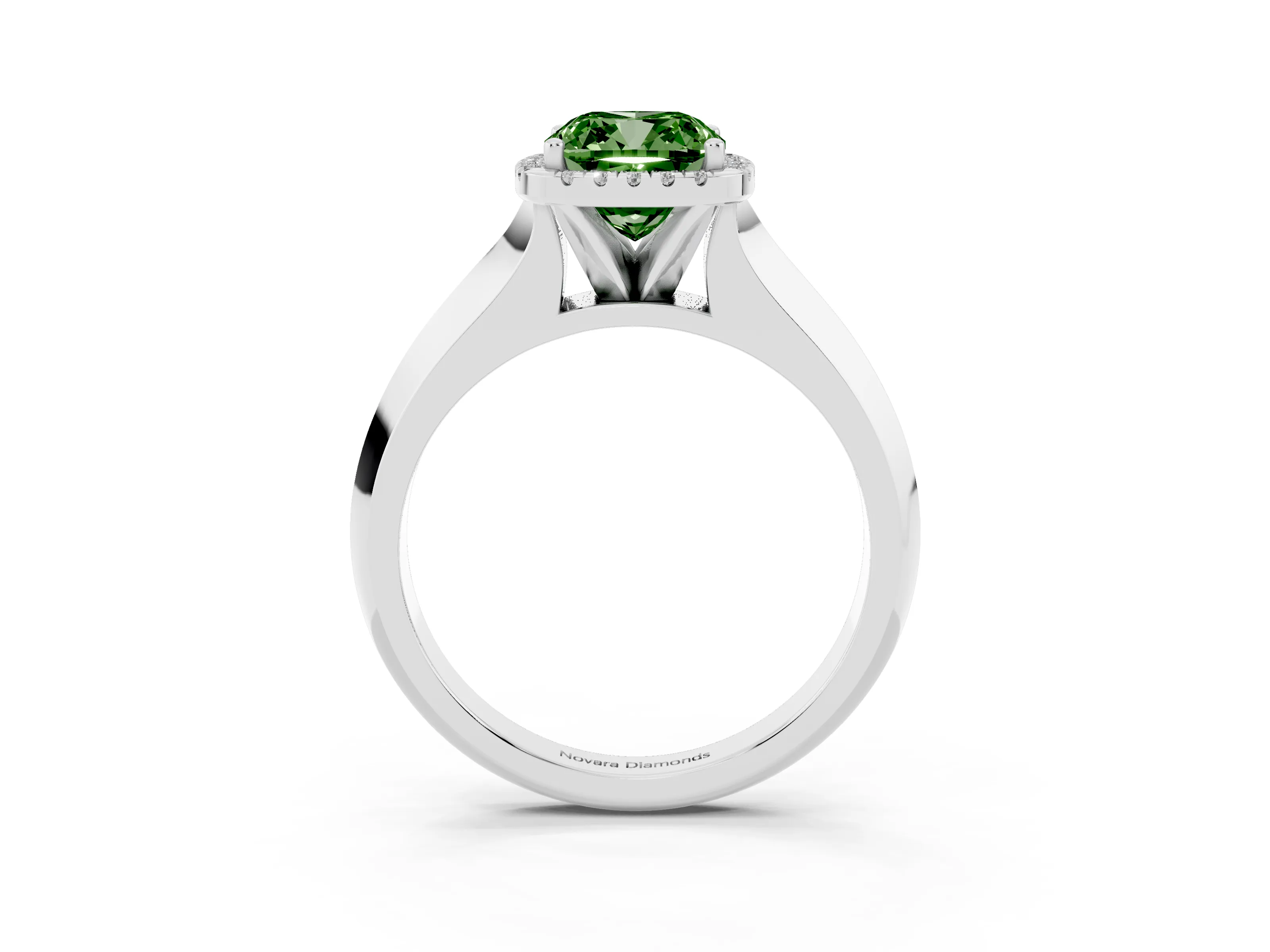 Fancy Green Cushion Cut Diamond Halo Ring Set in White gold with Cathedral Band and Prong Setting