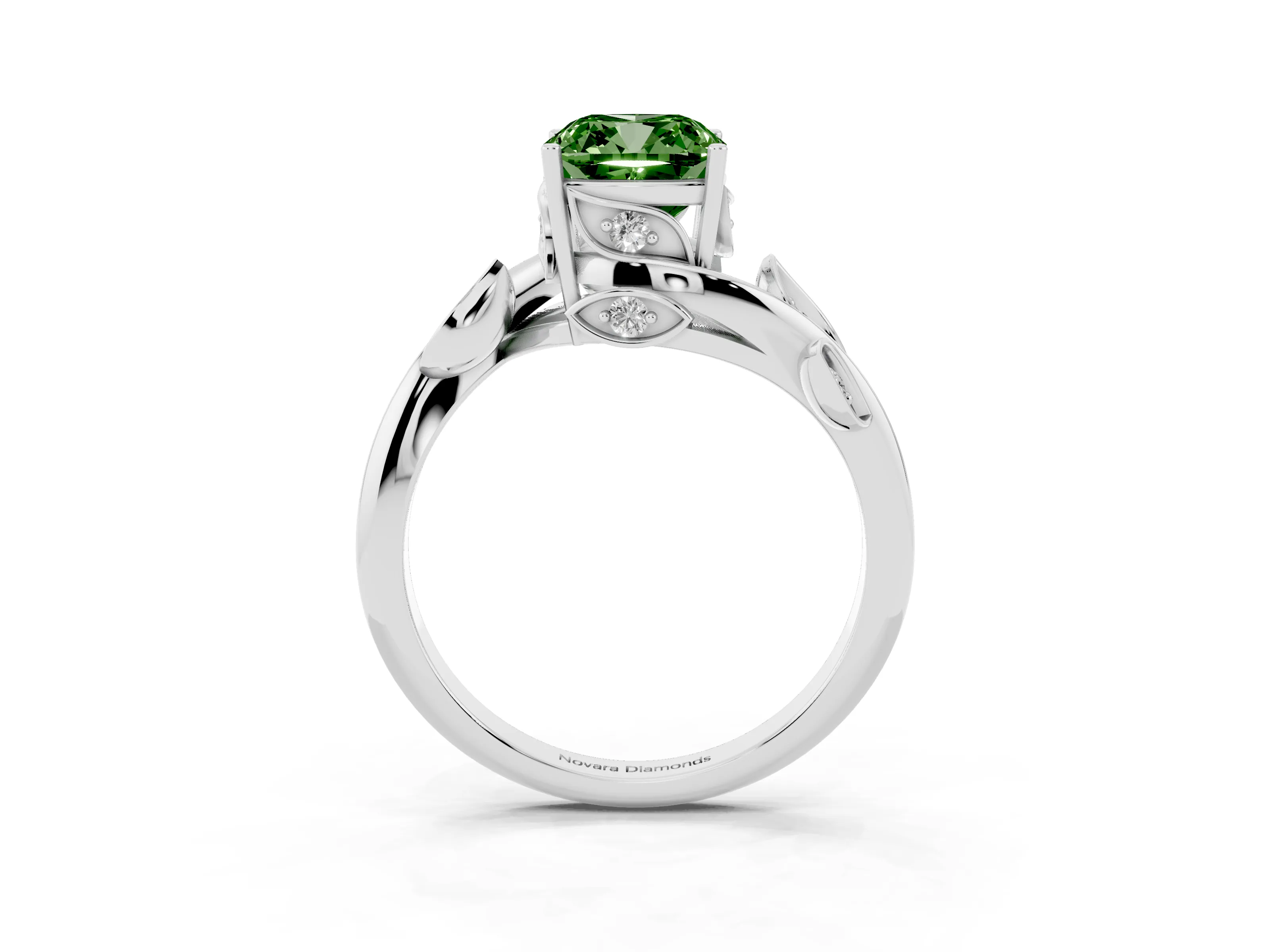 Fancy Green Cushion Cut Diamond Solitaire Twist Engagement Ring Set in Platinum with Pavé Leaf Accents