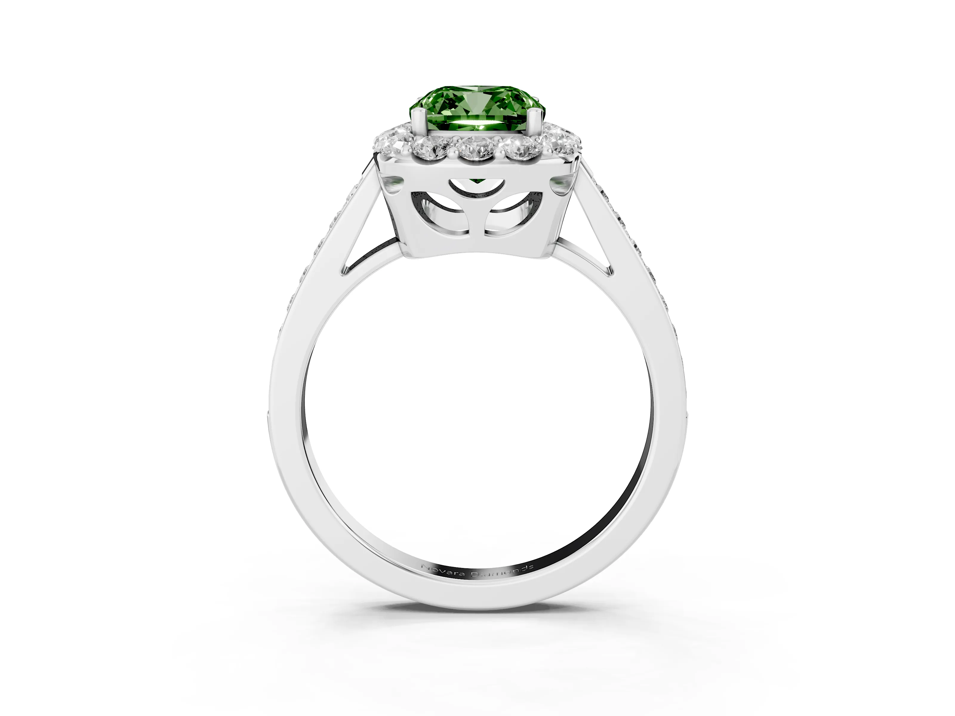 Fancy Green Cushion Cut Diamond Floral Halo Ring Set in Silver with Pavé Band and Prong Setting