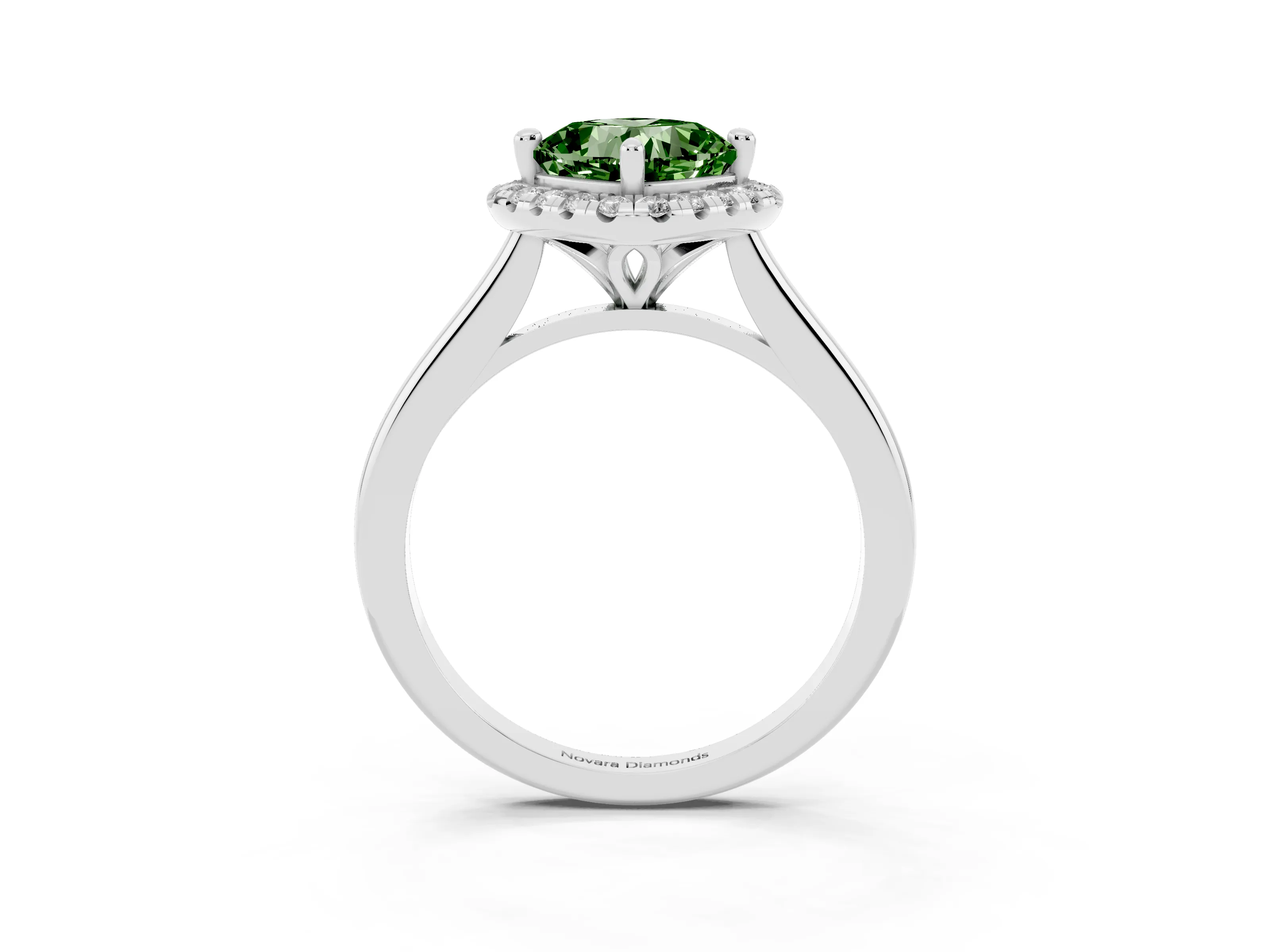 Fancy Green Cushion Cut Diamond Halo Engagement Ring Set in White gold with Pavé Band and Rising Shoulders