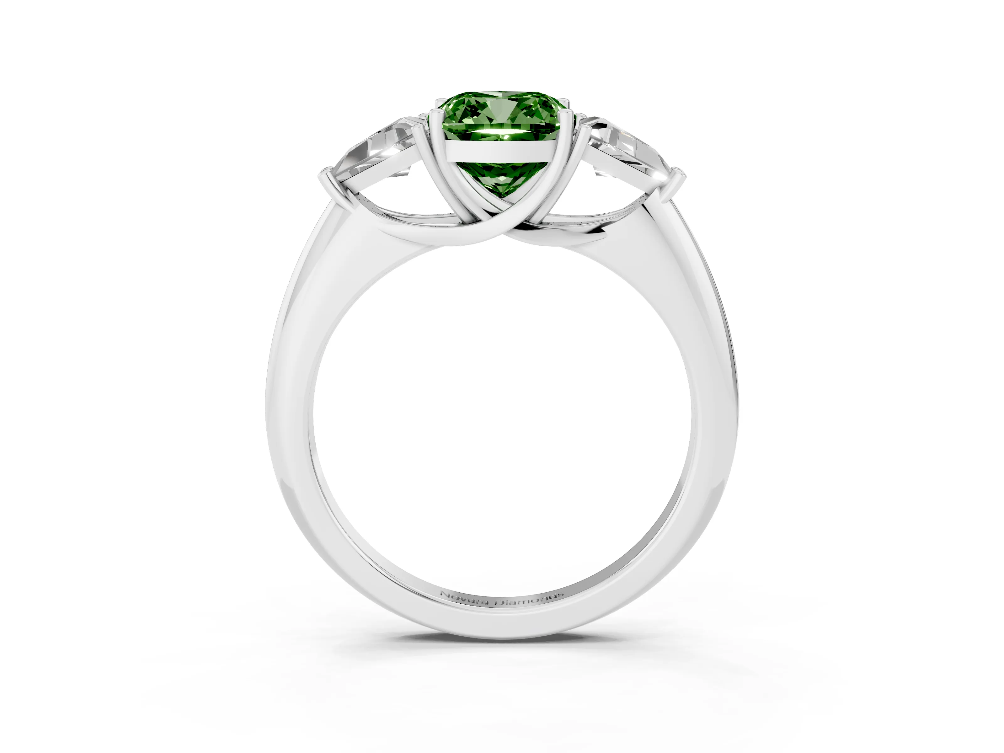 Fancy Green Cushion Cut Diamond Three-Stone Engagement Ring Set in Silver with Trillion Side Stones