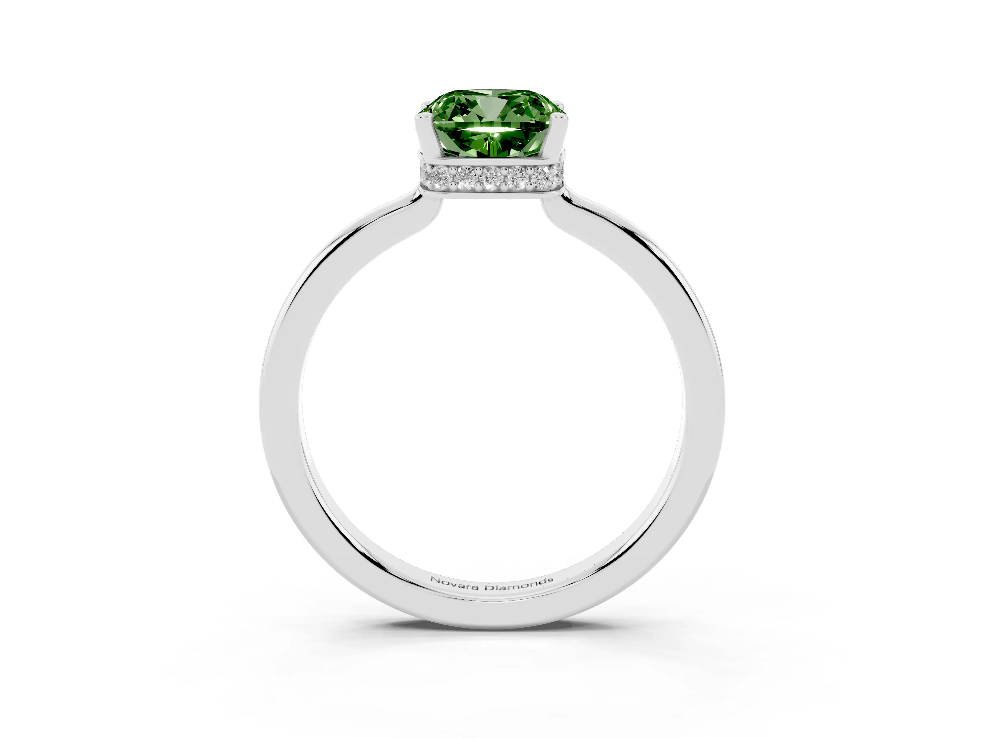 Fancy Green Cushion Cut Diamond Solitaire Engagement Ring Set in White gold with Prong Setting on a Plain Band