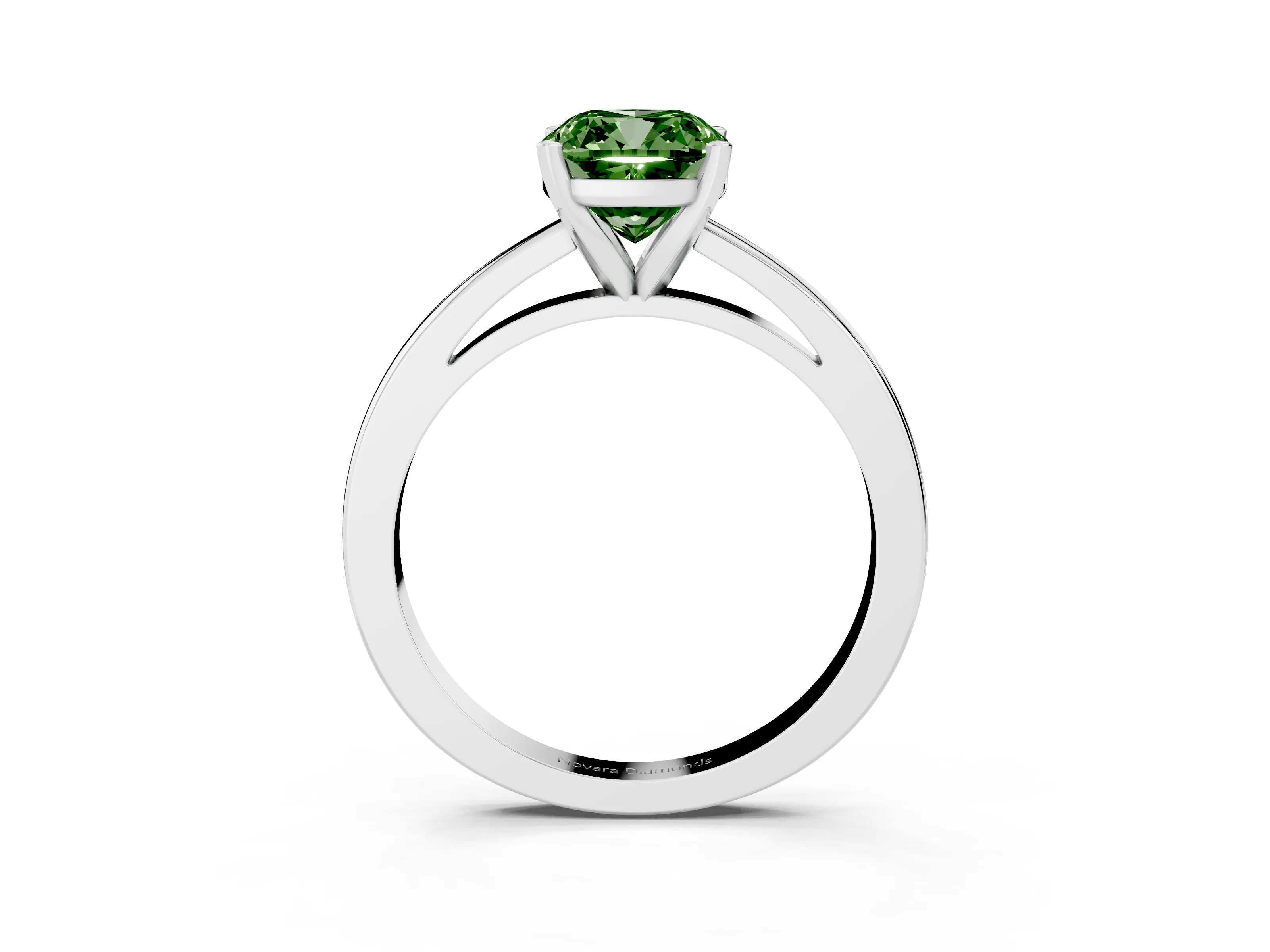 Fancy Green Cushion Cut Diamond Solitaire Engagement Ring Set in White gold with Prong Setting on a Classic Band