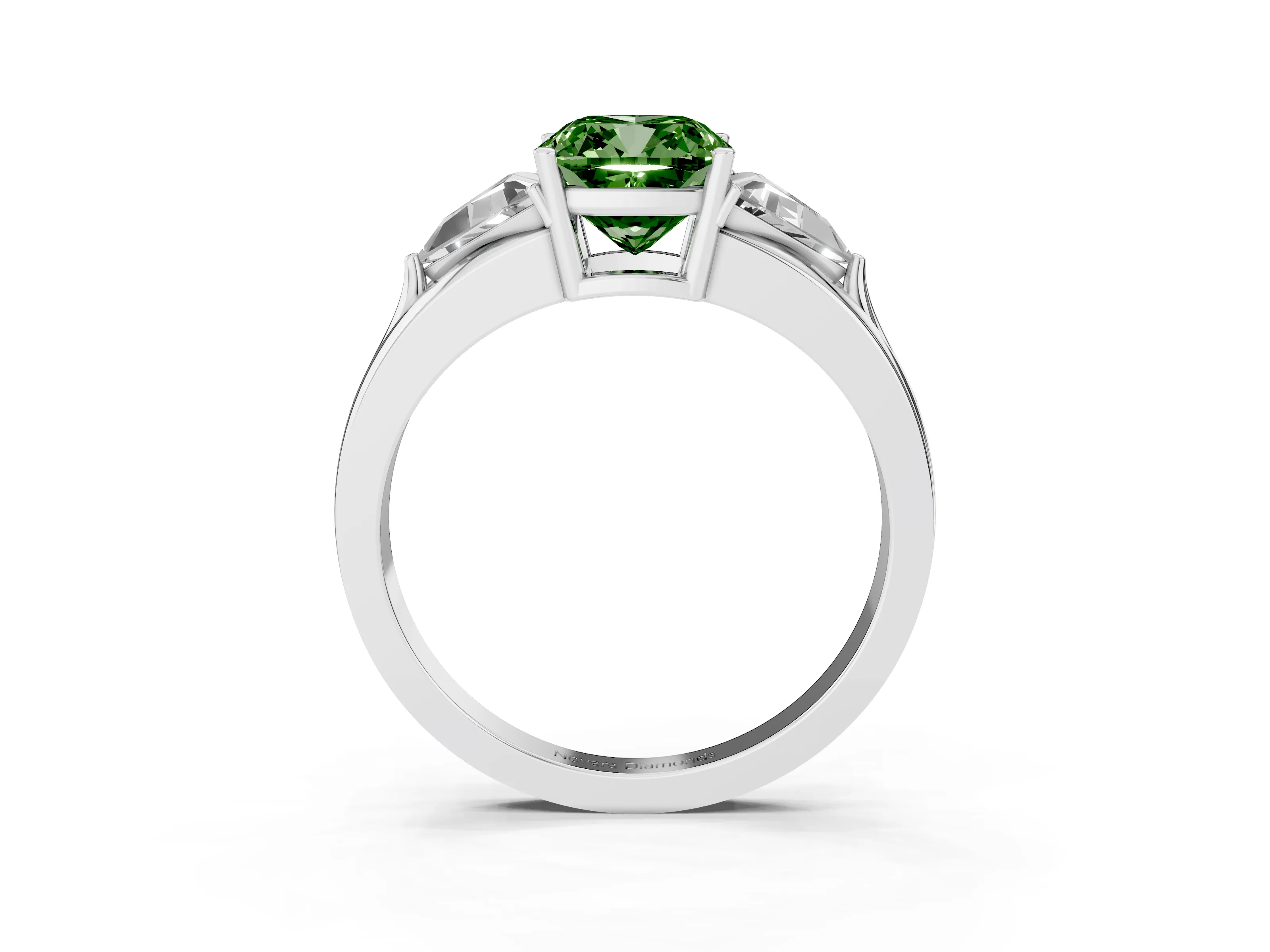 Fancy Green Cushion Cut Diamond Three-Stone Ring Set in Silver with Trillion Side Stones and Split Shank