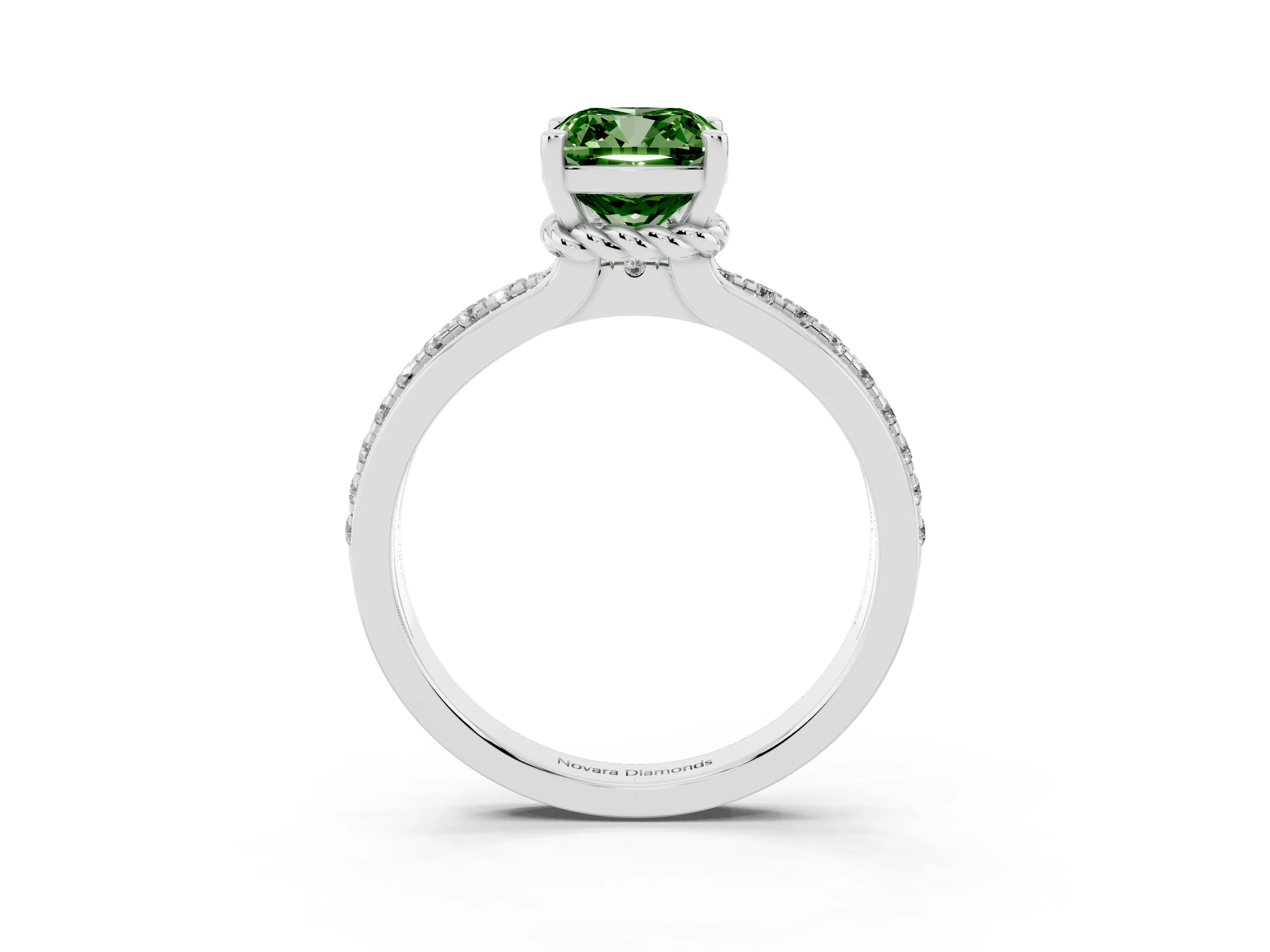 Fancy Green Cushion Cut Diamond Solitaire Ring Set in Silver with Channel Set Band and Prong Setting
