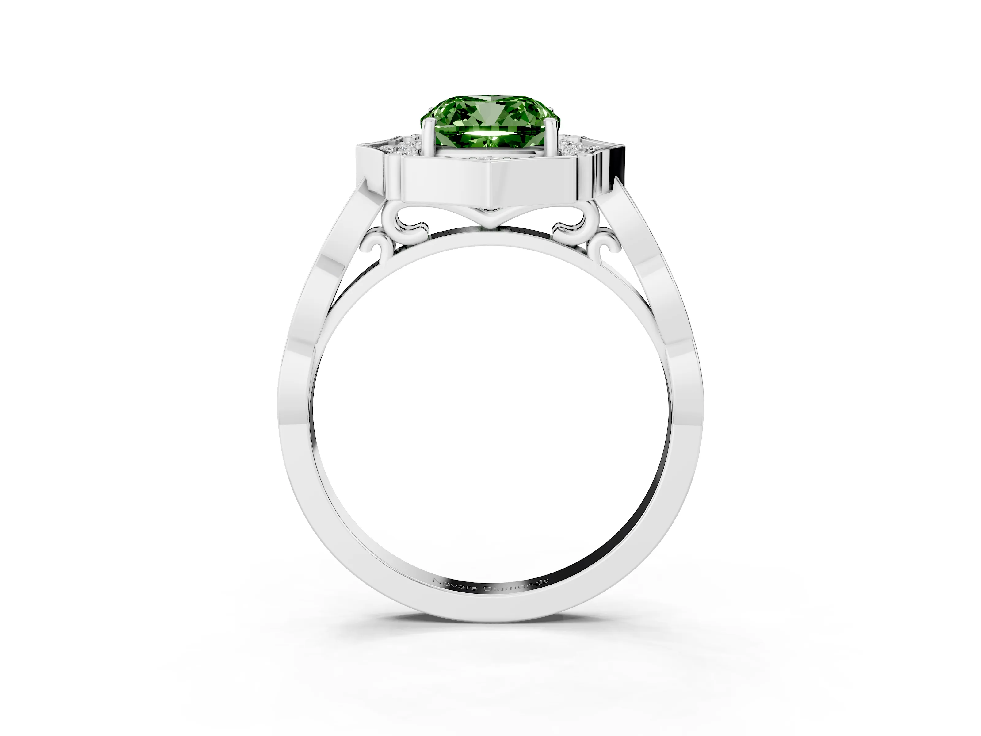 Fancy Green Cushion Cut Diamond Halo Engagement Ring Set in Platinum with Milgrain Band and Prong Setting