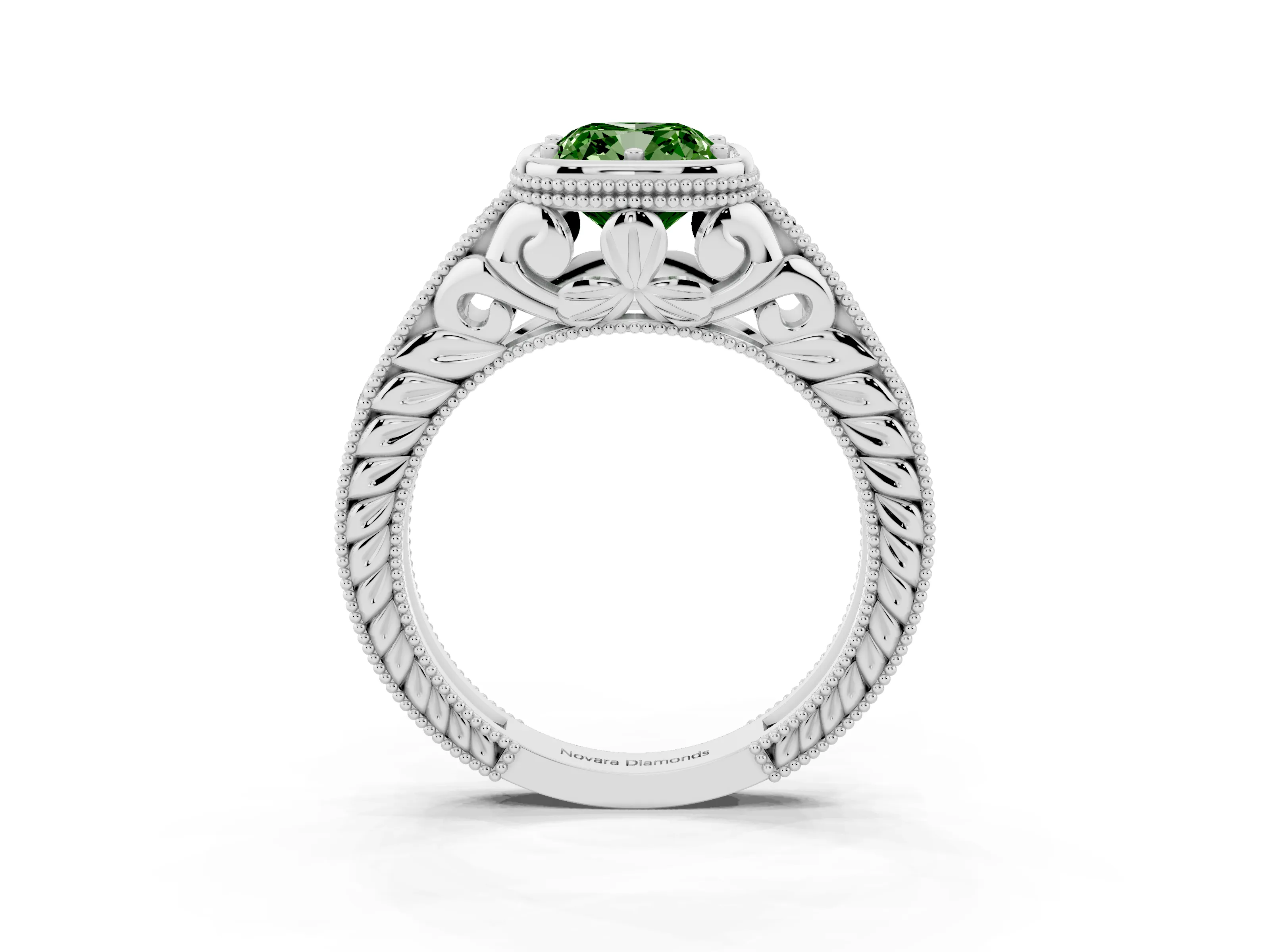 Fancy Green Bezel Set Cushion Cut Diamond Milgrain Pavé Engagement Ring Set in Silver