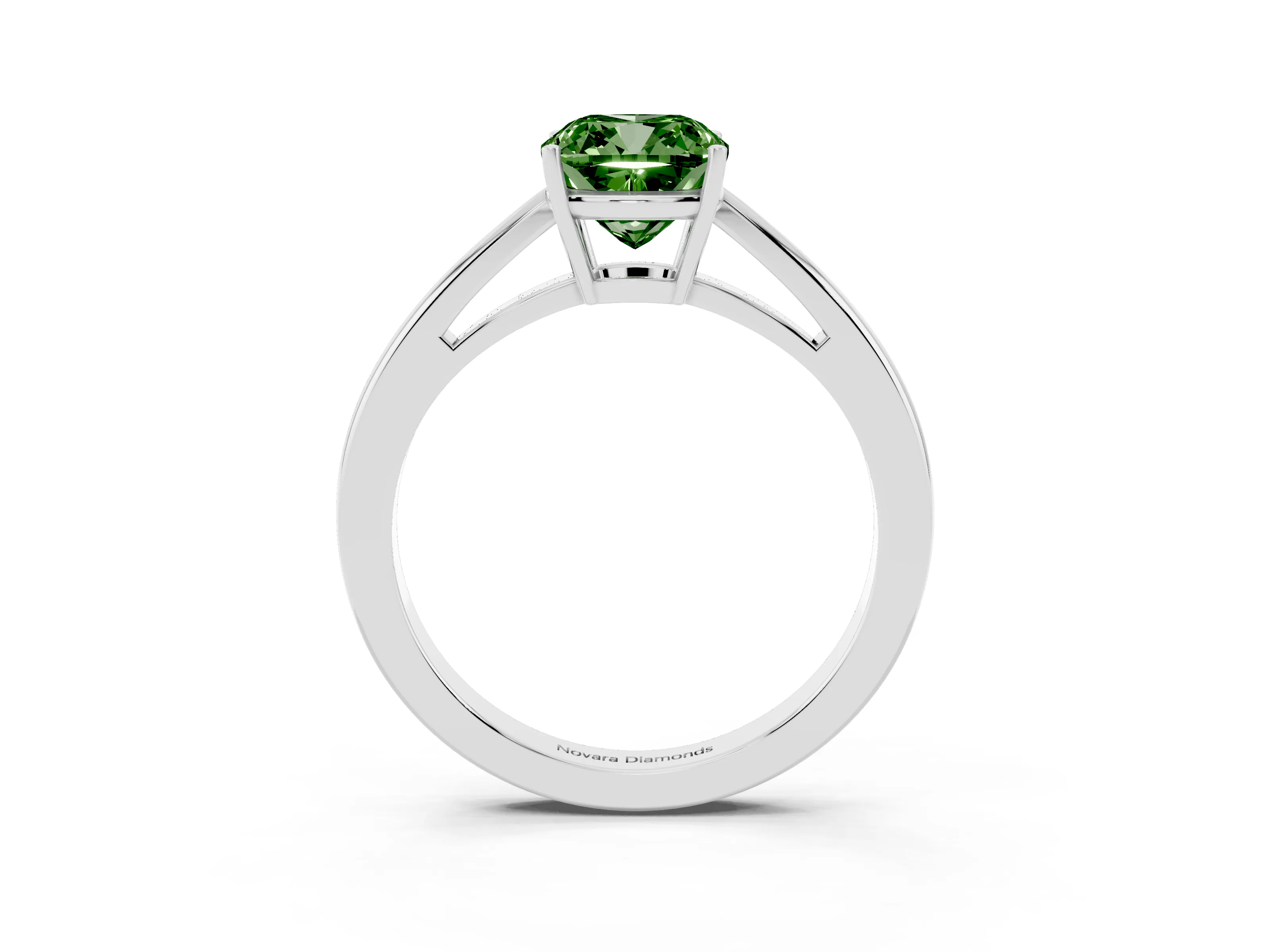 Fancy Green Cushion Cut Diamond Solitaire Ring Set in Silver with Split Shank and Prong Setting