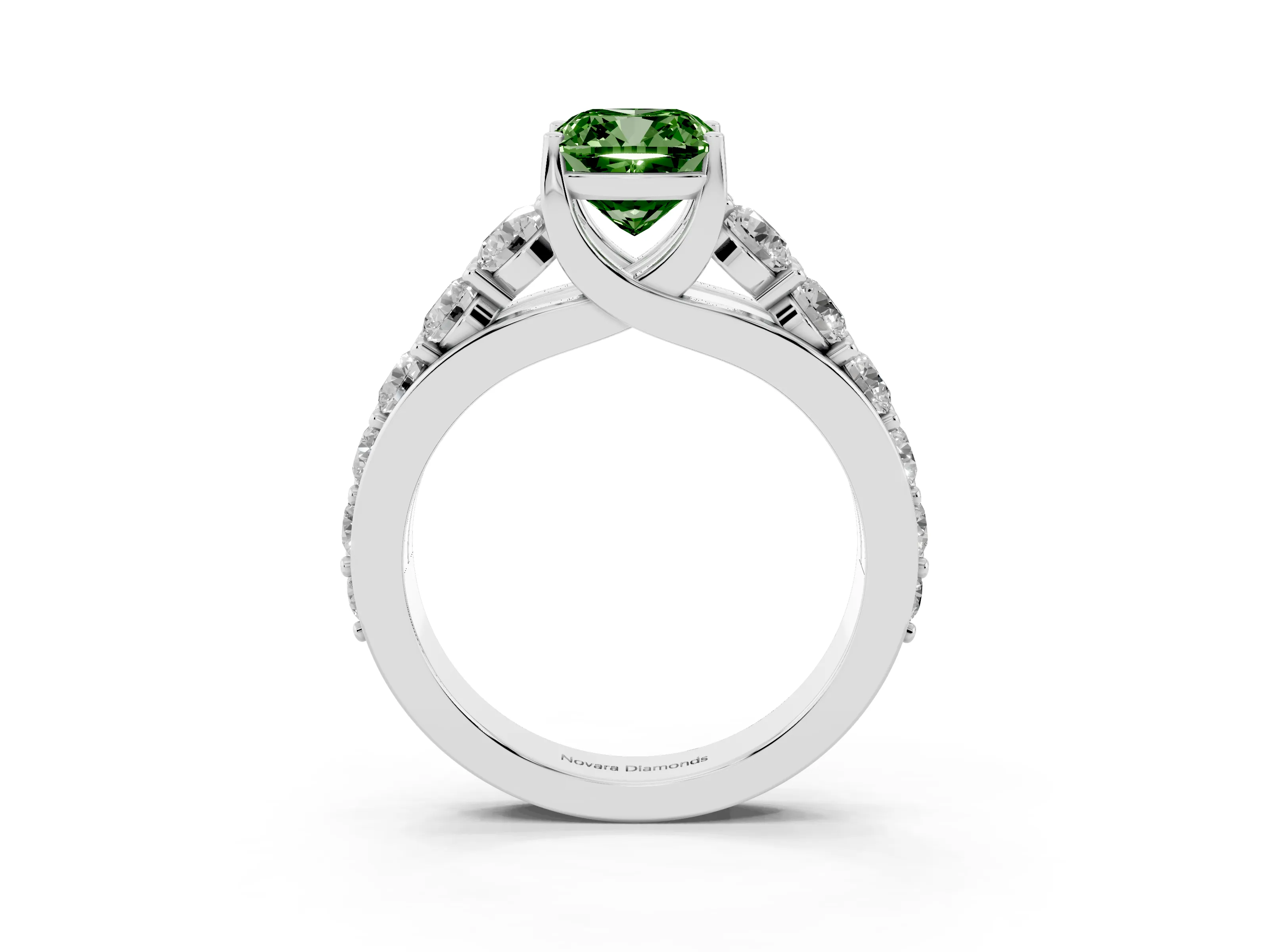 Fancy Green Cushion Cut Diamond Pavé Engagement Ring Set in Platinum with Prong Setting