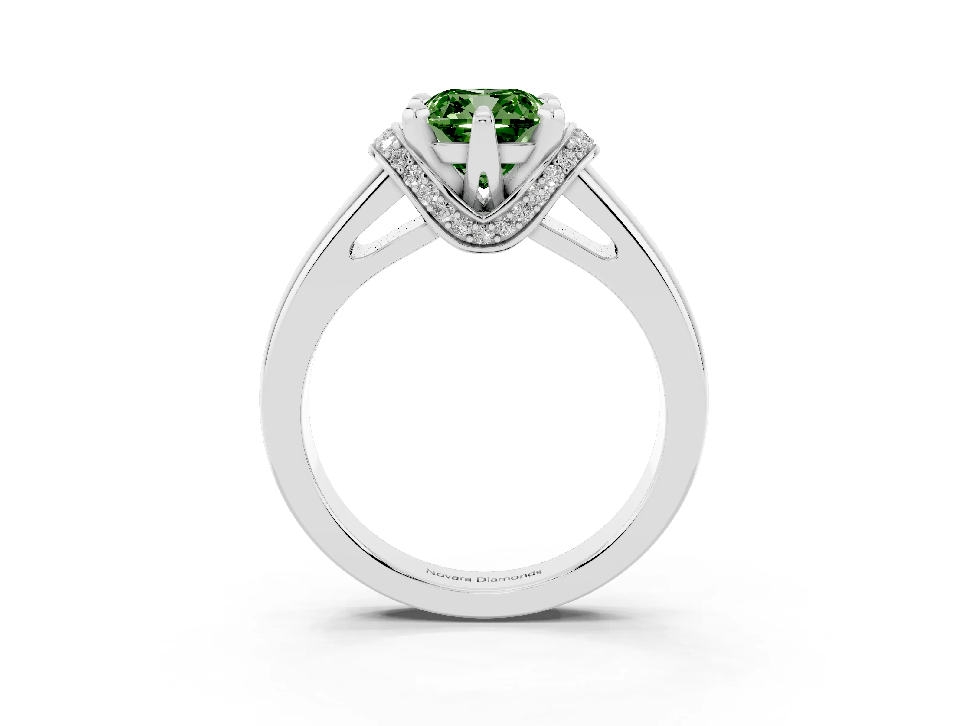 Fancy Green Cushion Cut Diamond Pavé Band Solitaire Ring Set in Silver with Prong Setting