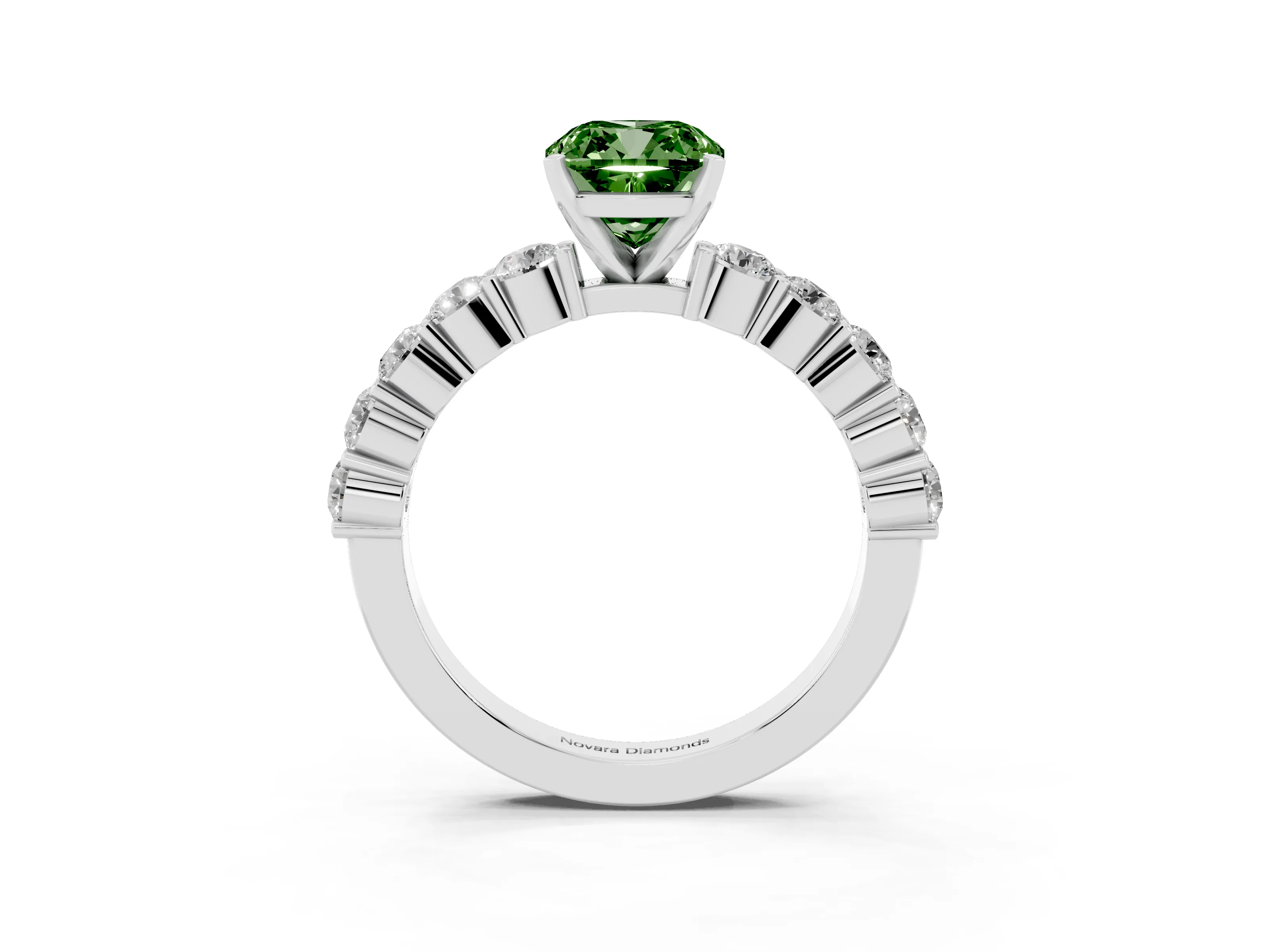 Fancy Green Cushion Cut Diamond Solitaire Ring Set in Silver with Shared Prong Round Side Stones