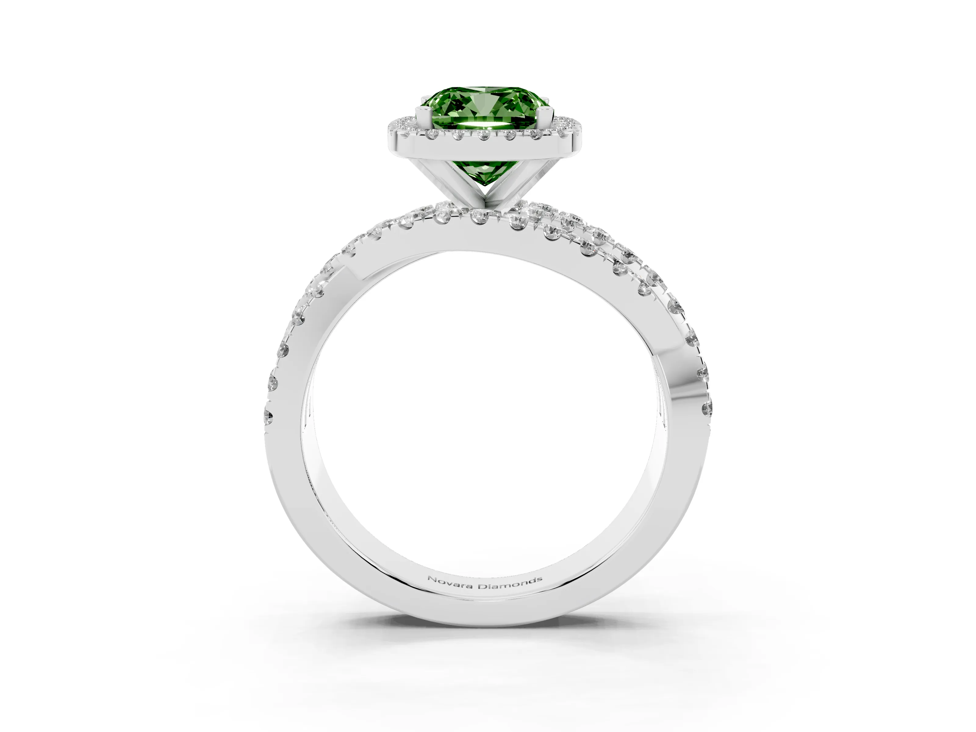 Fancy Green Cushion Cut Diamond Halo Ring Set in White gold with Round Crossover Split Shank and Prong Setting