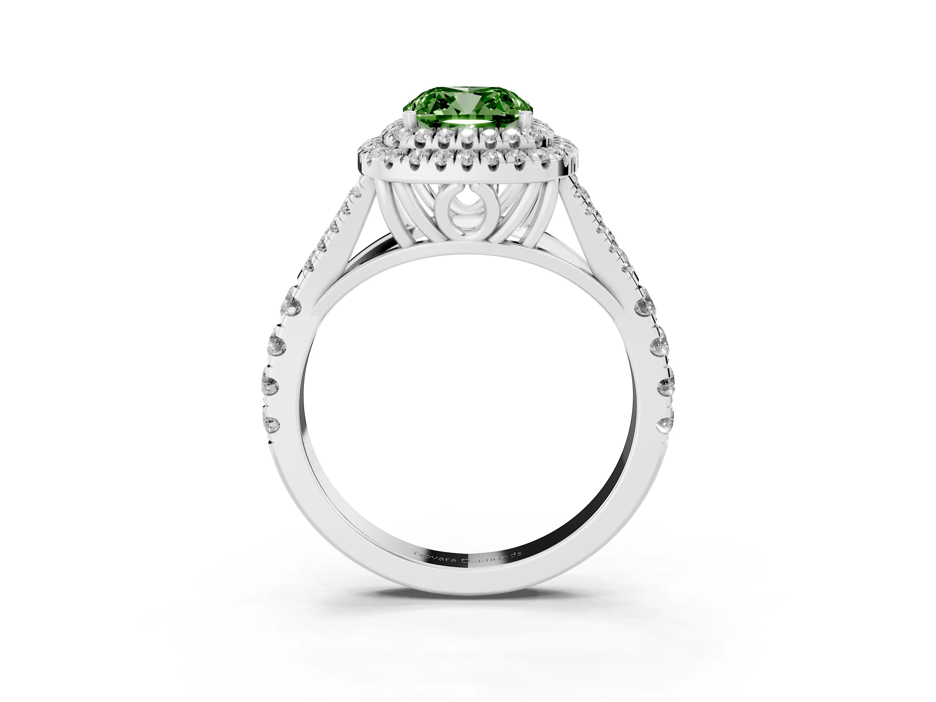Fancy Green Cushion Cut Diamond Pavé Split Shank Double Halo Engagement Ring Set in Silver