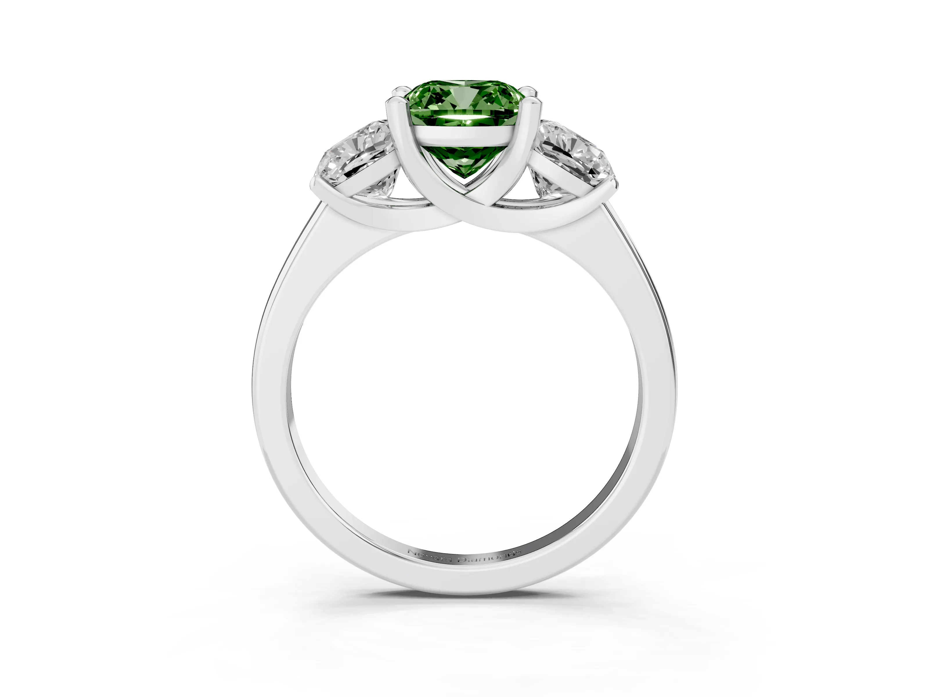 Fancy Green Cushion Cut Diamond Three-Stone Ring Set in White gold with Classic Prong Setting and Plain Band