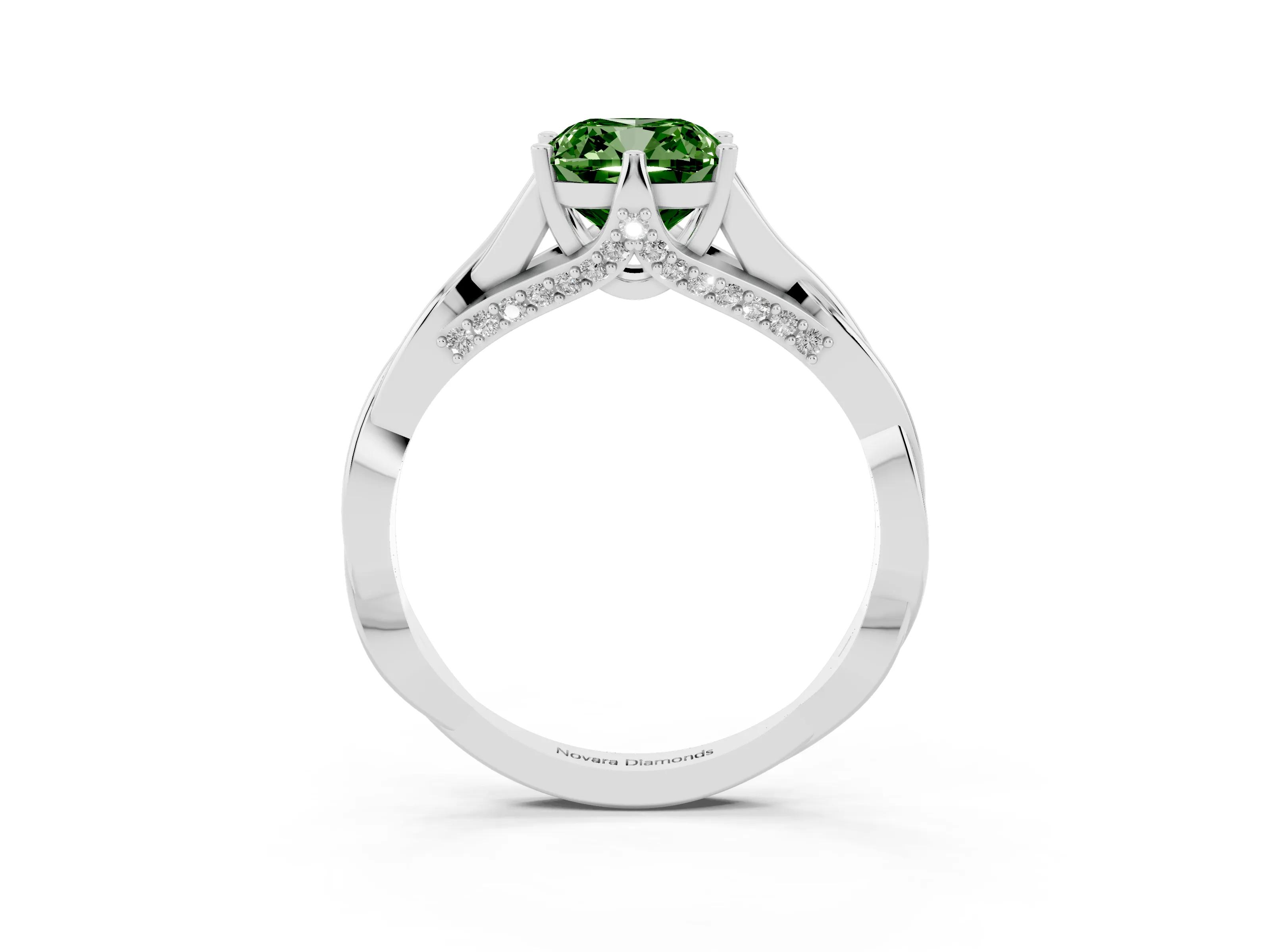 Fancy Green Cushion Cut Diamond Intertwined Twist Band Solitaire Ring Set in White gold with Prong Setting