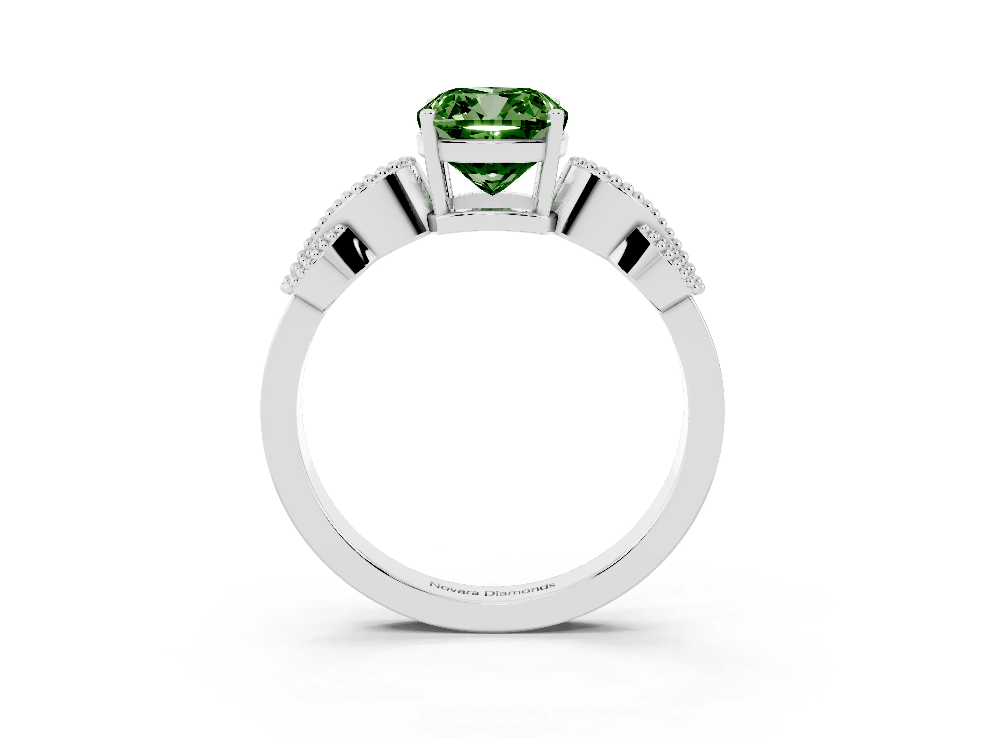 Fancy Green Cushion Cut Diamond Milgrain Leaf Band Solitaire Ring Set in White gold with Accent Stones and Prong Setting