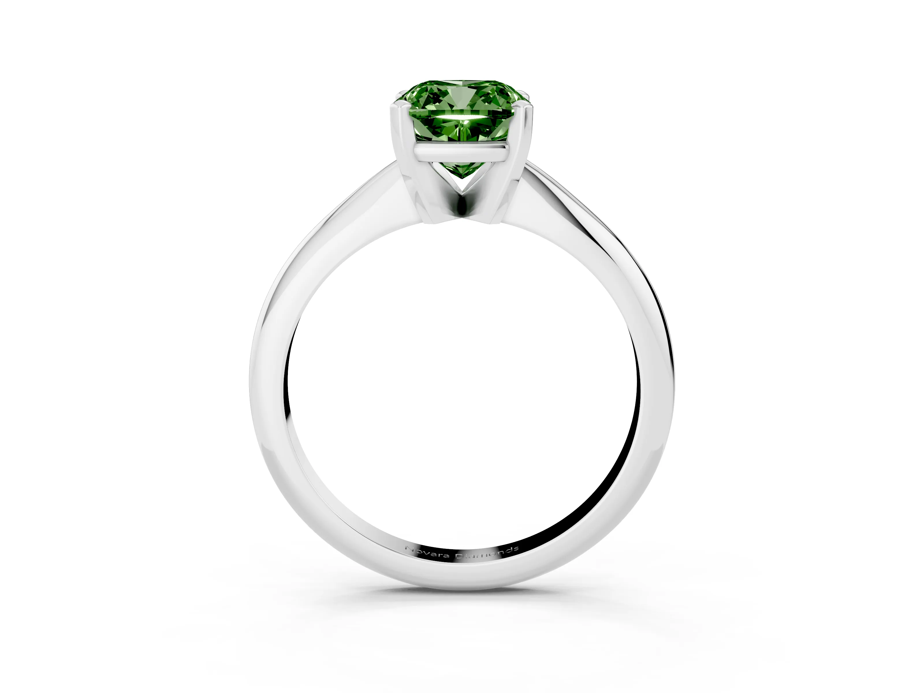 Fancy Green Cushion Cut Diamond Solitaire Ring Set in Silver with Prong Setting on a Plain Round Band