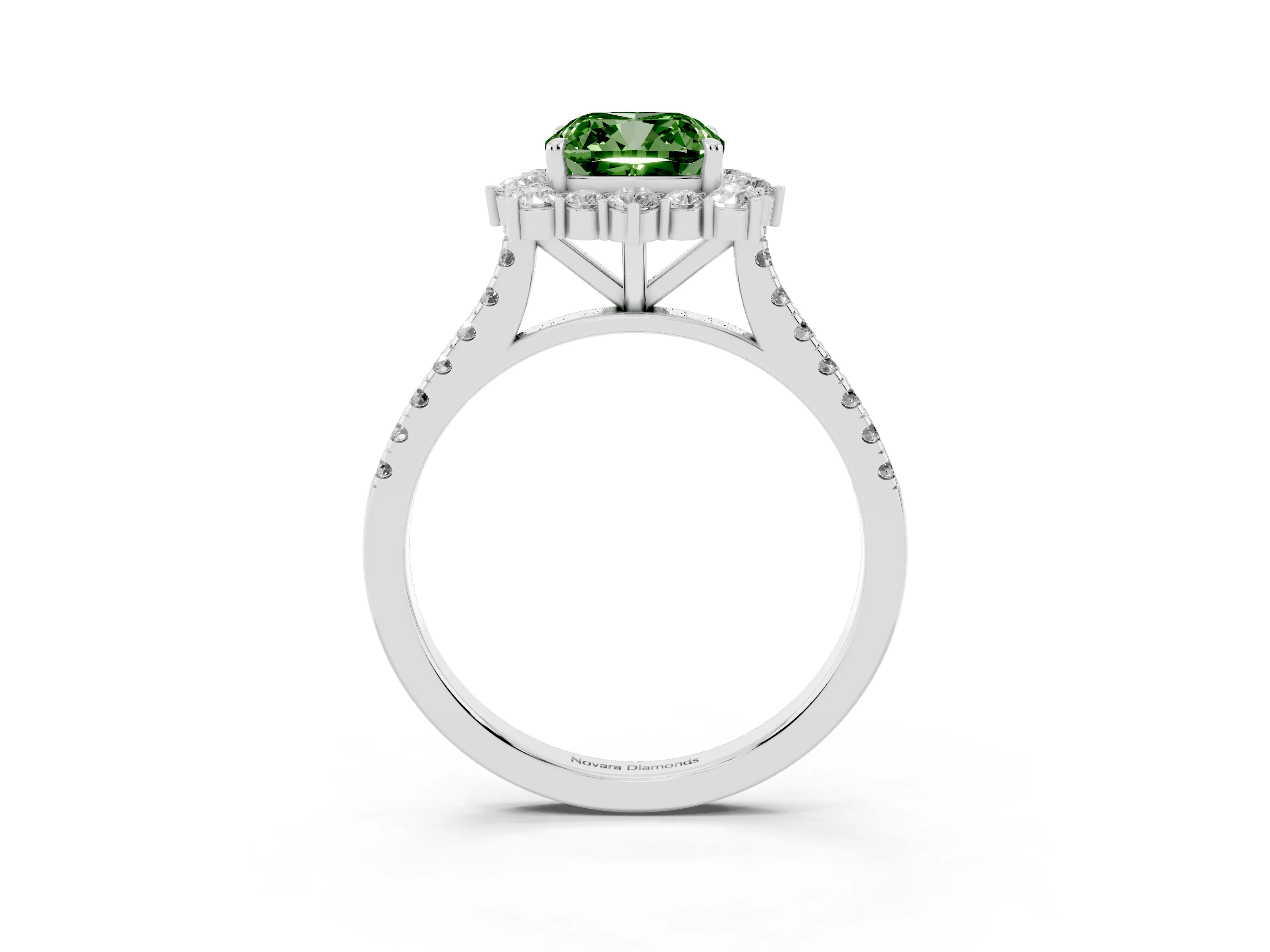 Fancy Green Cushion Cut Diamond Halo Ring Set in Silver with Pavé Band and Prong Setting